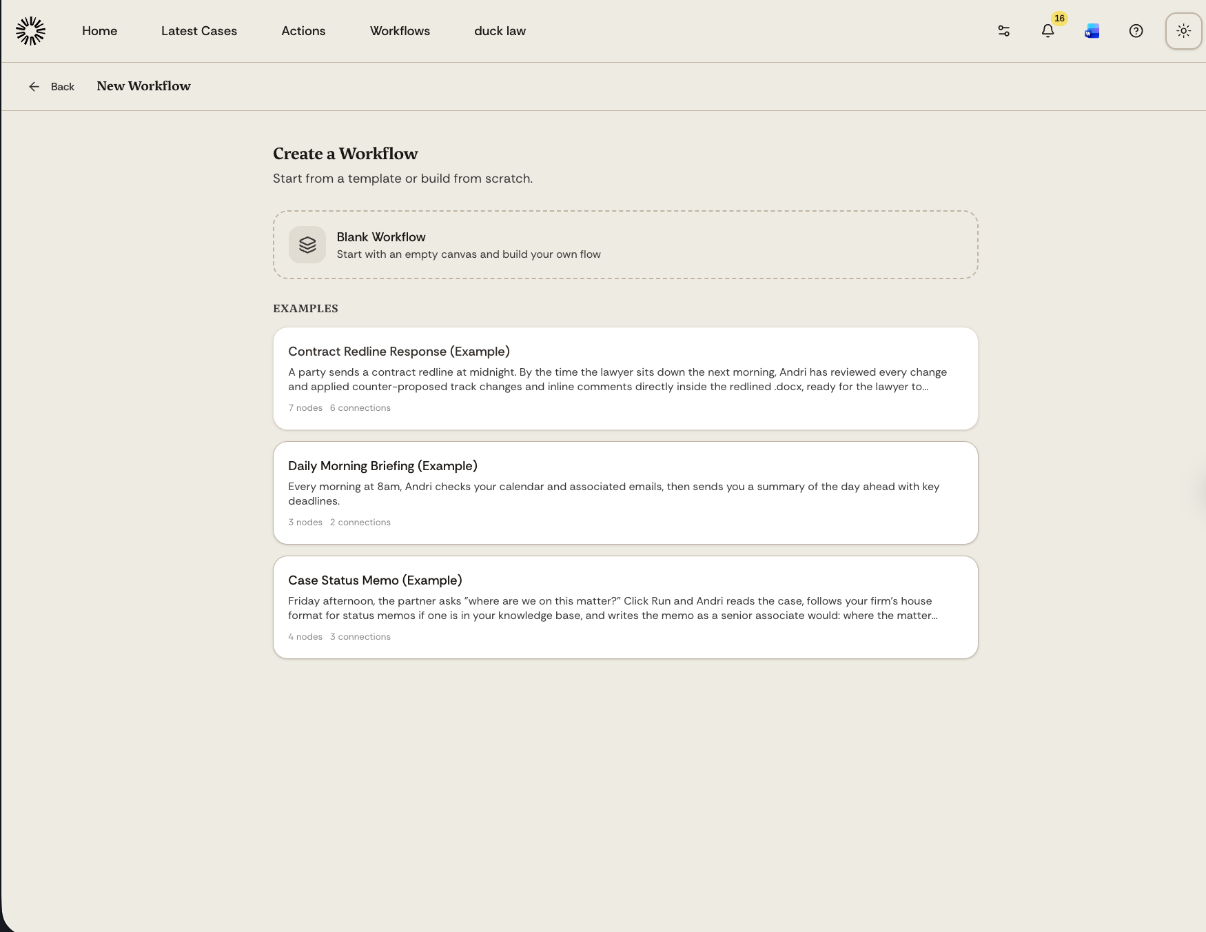 The Create a Workflow page showing Blank Workflow and three example templates