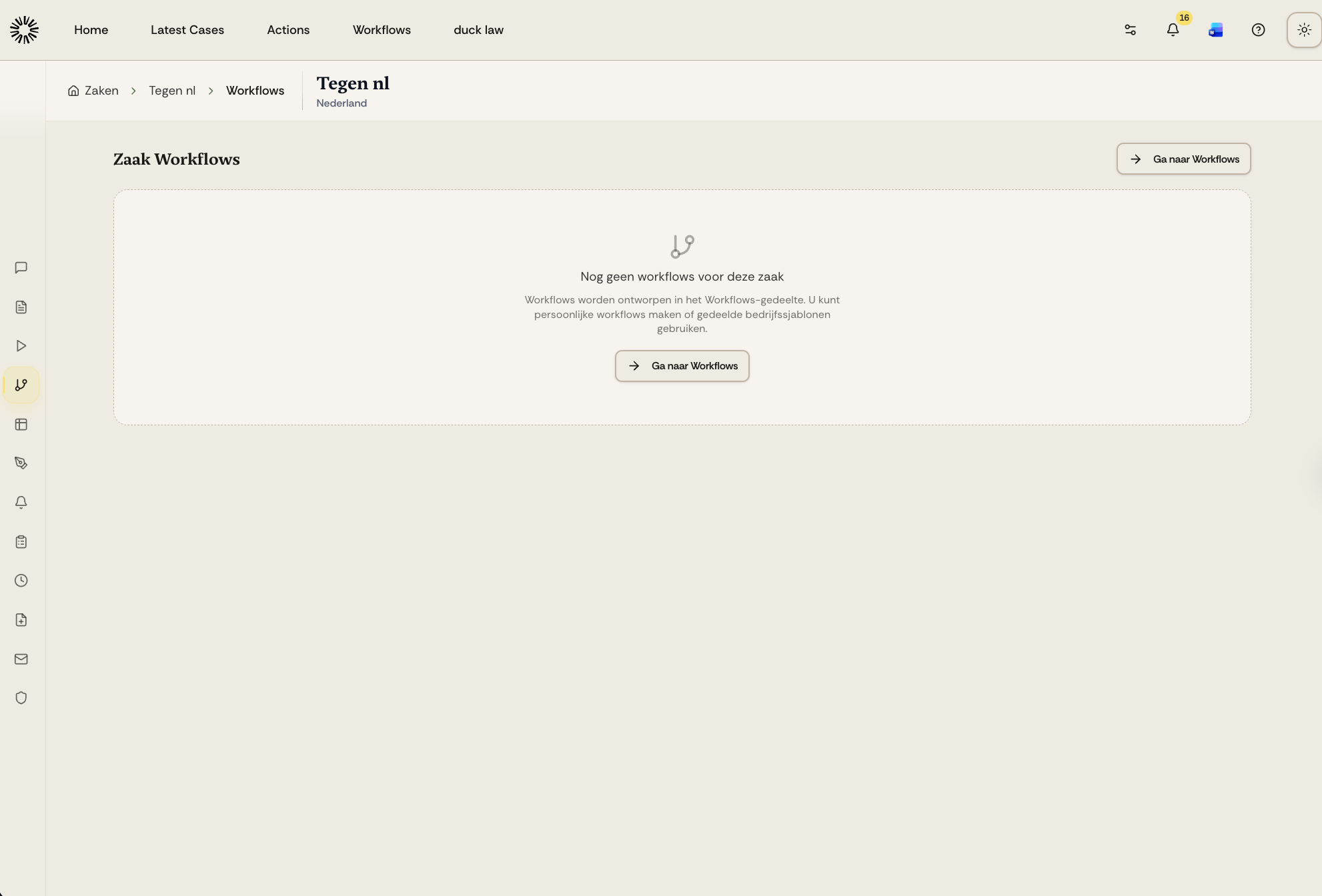 The case Workflows page showing the empty state with the option to go to Workflows
