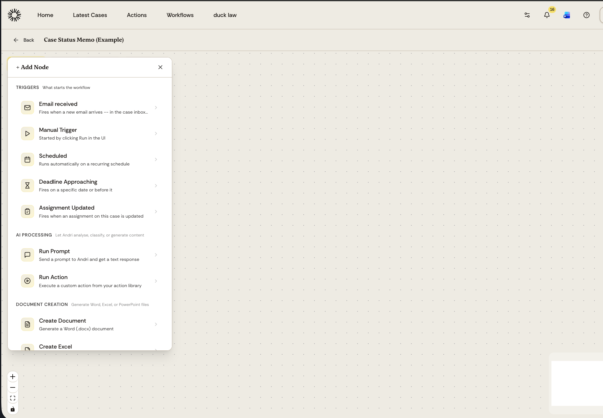 The Add Node modal showing available trigger types: Email received, Manual Trigger, Scheduled, Deadline Approaching, and Assignment Updated
