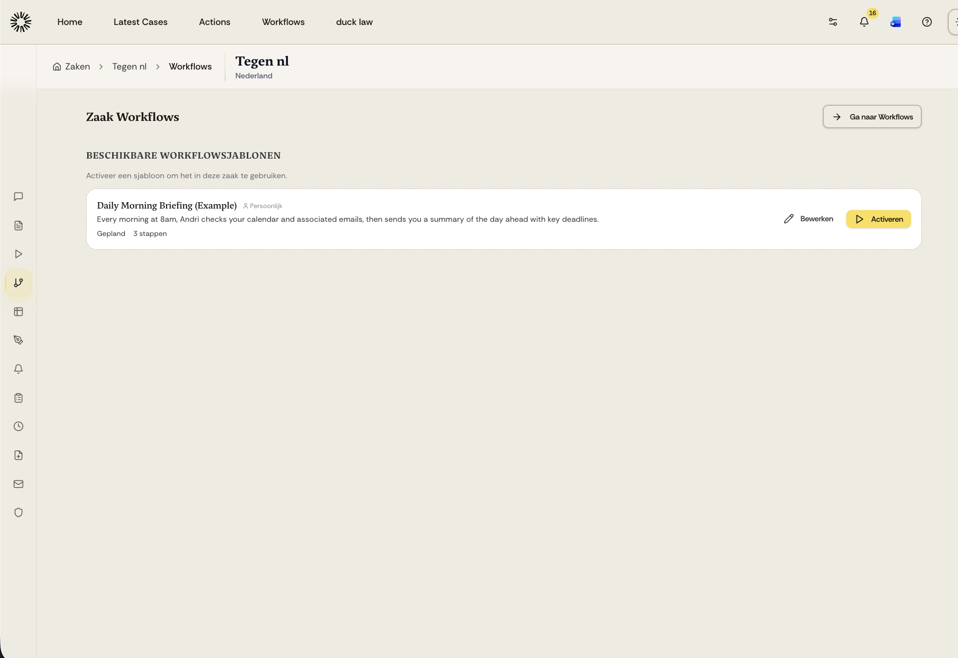 The case Workflows page showing an available workflow template with the Activate button