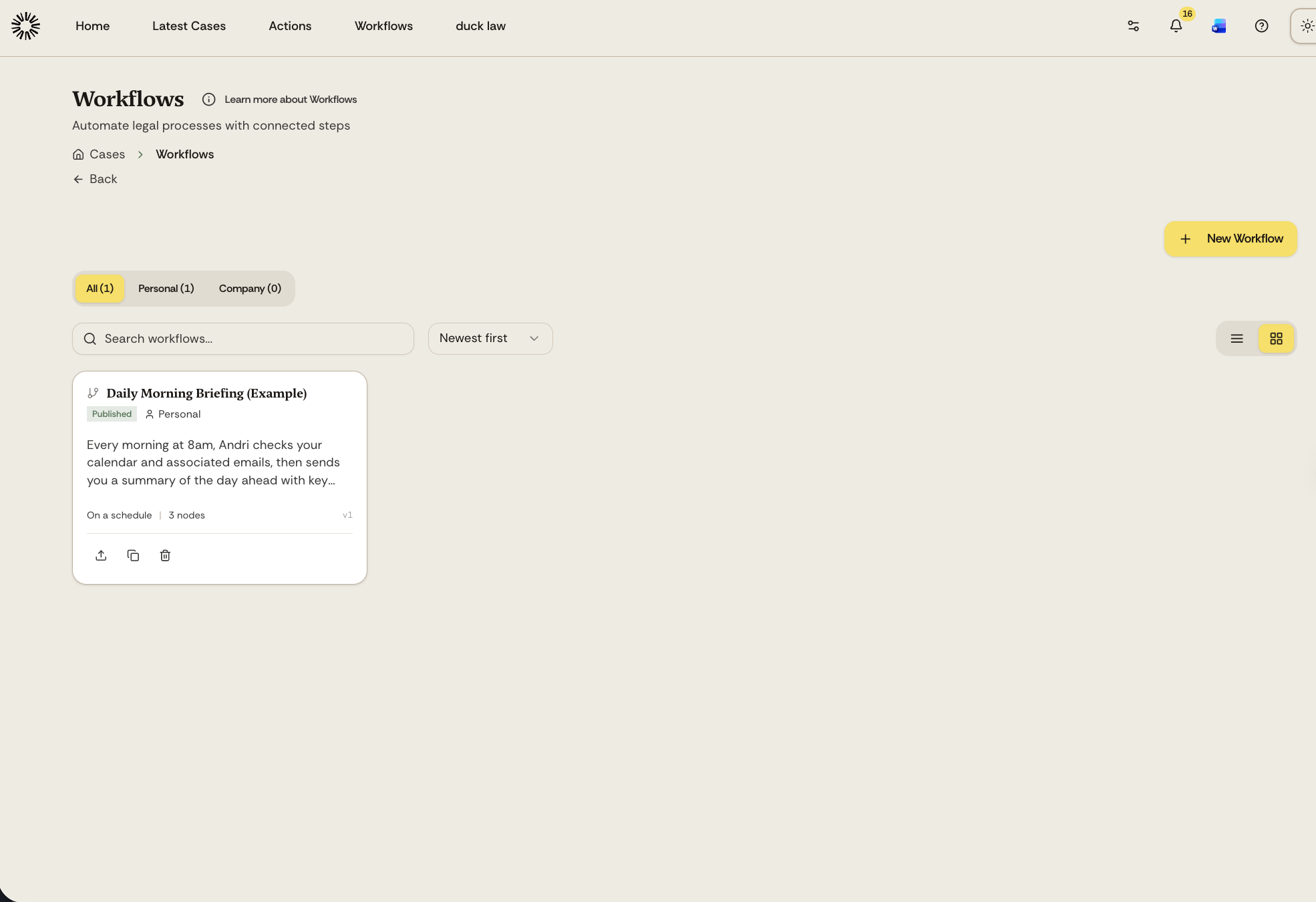The Workflows page showing a published workflow card with status indicators