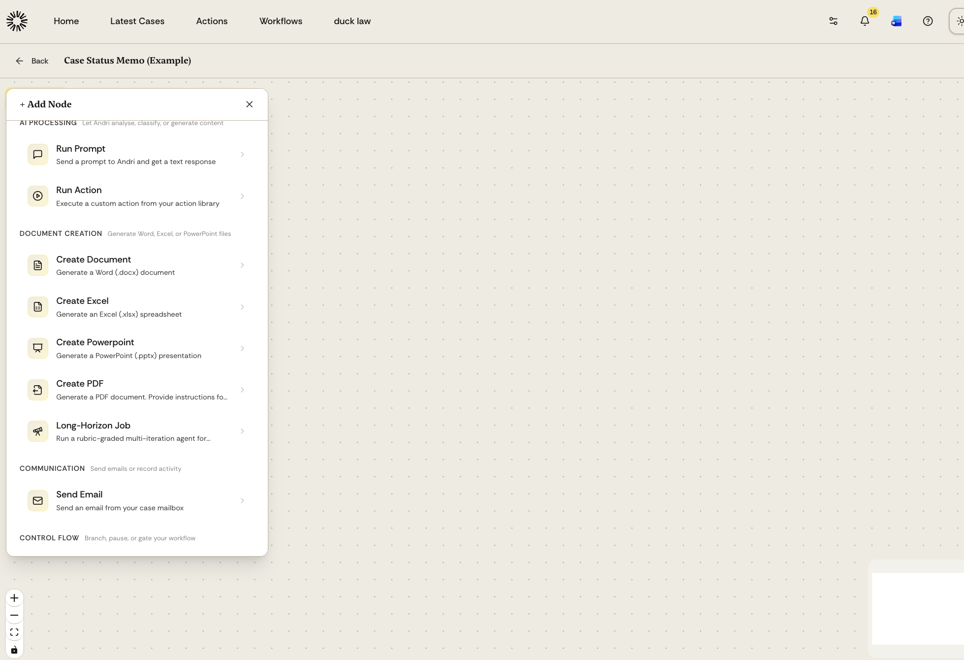 The Add Node modal showing AI Processing nodes, Document Creation nodes, and Communication nodes