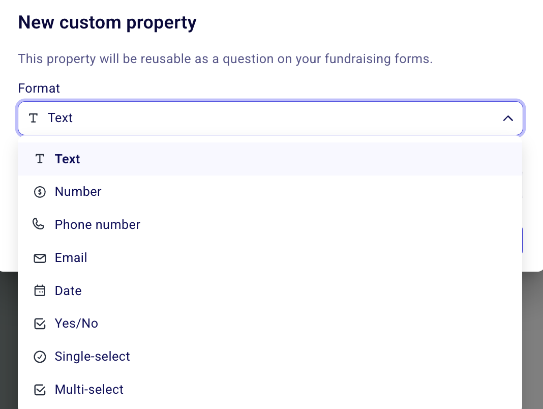New custom property modal showing property format options