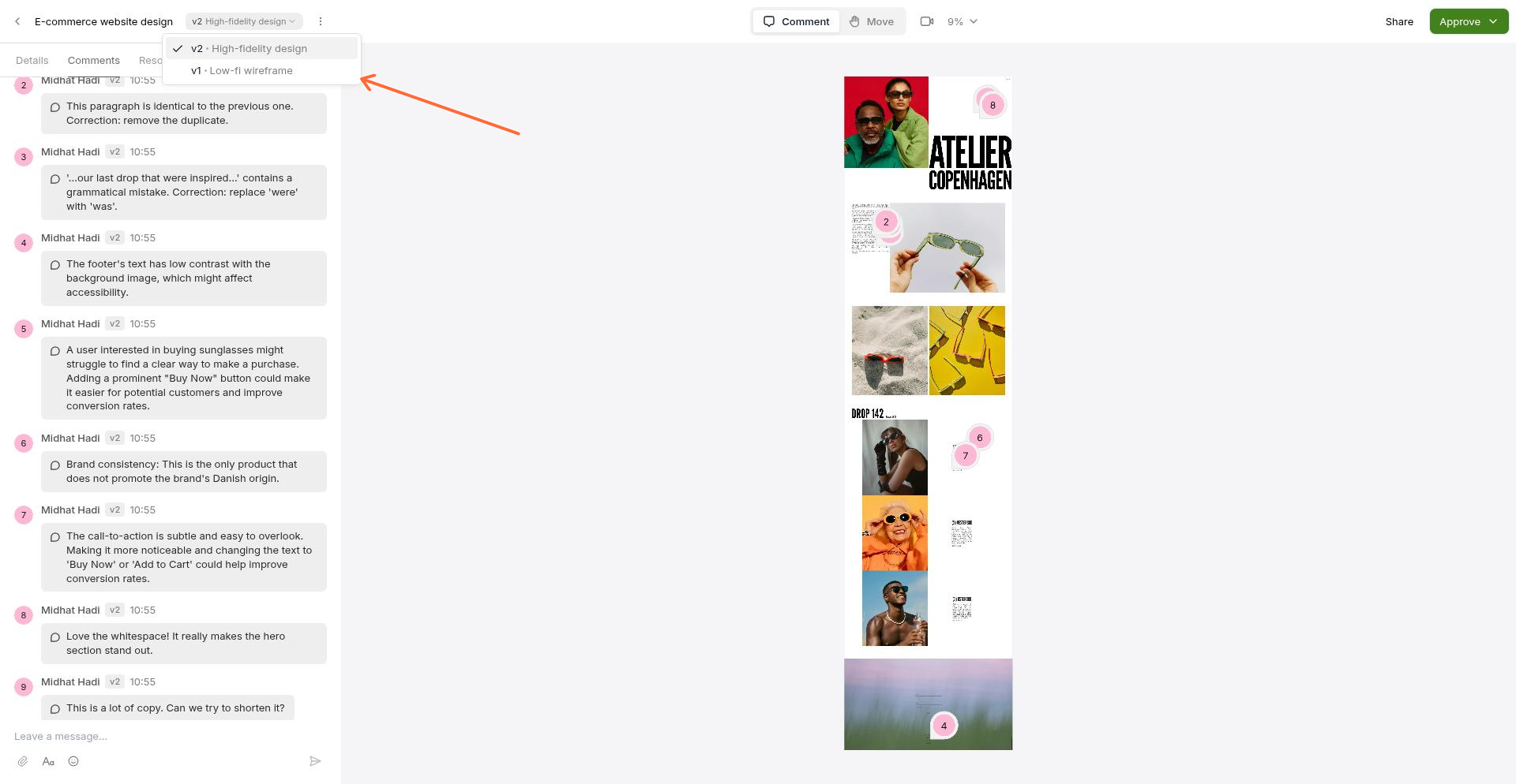 The version selector dropdown in the top left of a task, showing existing versions and the Add version option.