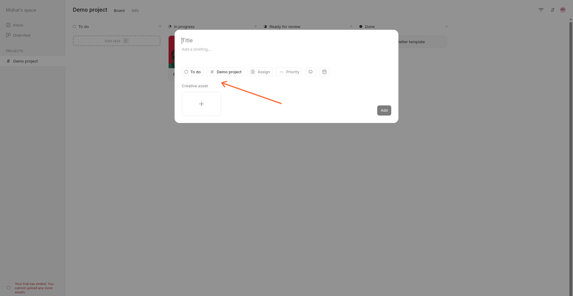 Adding a creative asset in Workflow - this is where you paste your website URL for embeddedreview