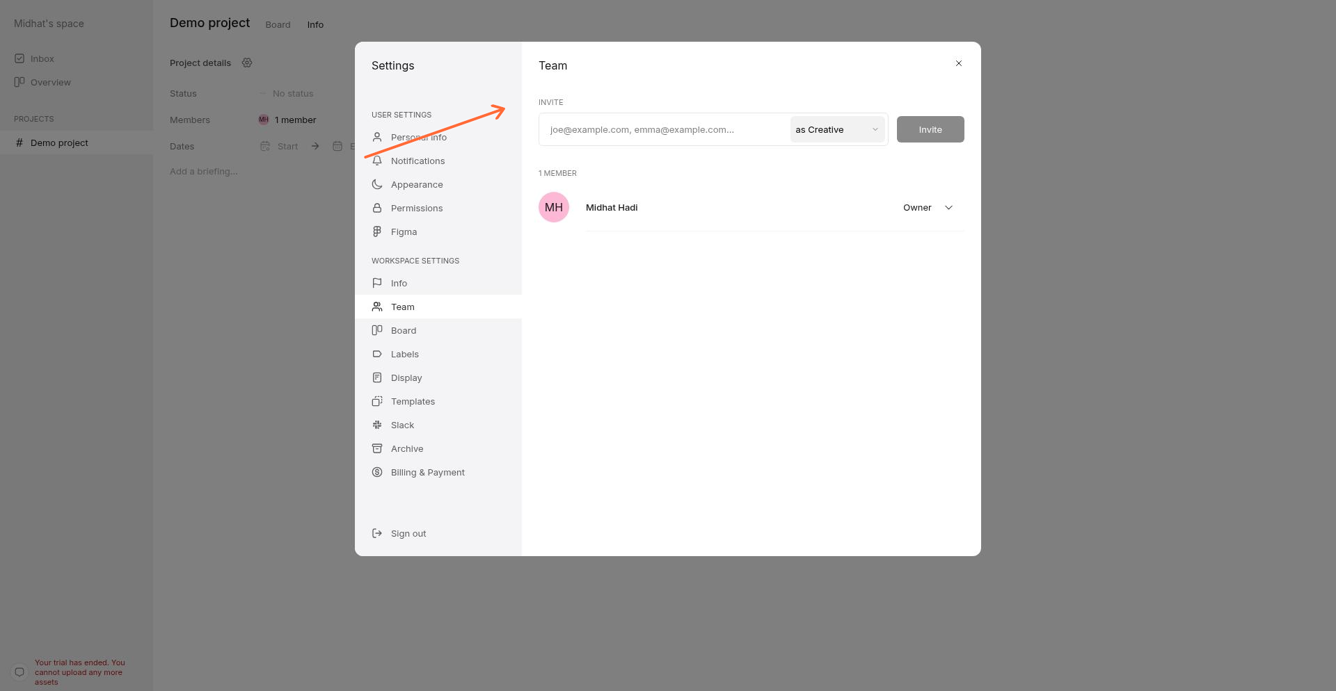 Workspace team management showing where you invite teammates and creatives at the workspace level