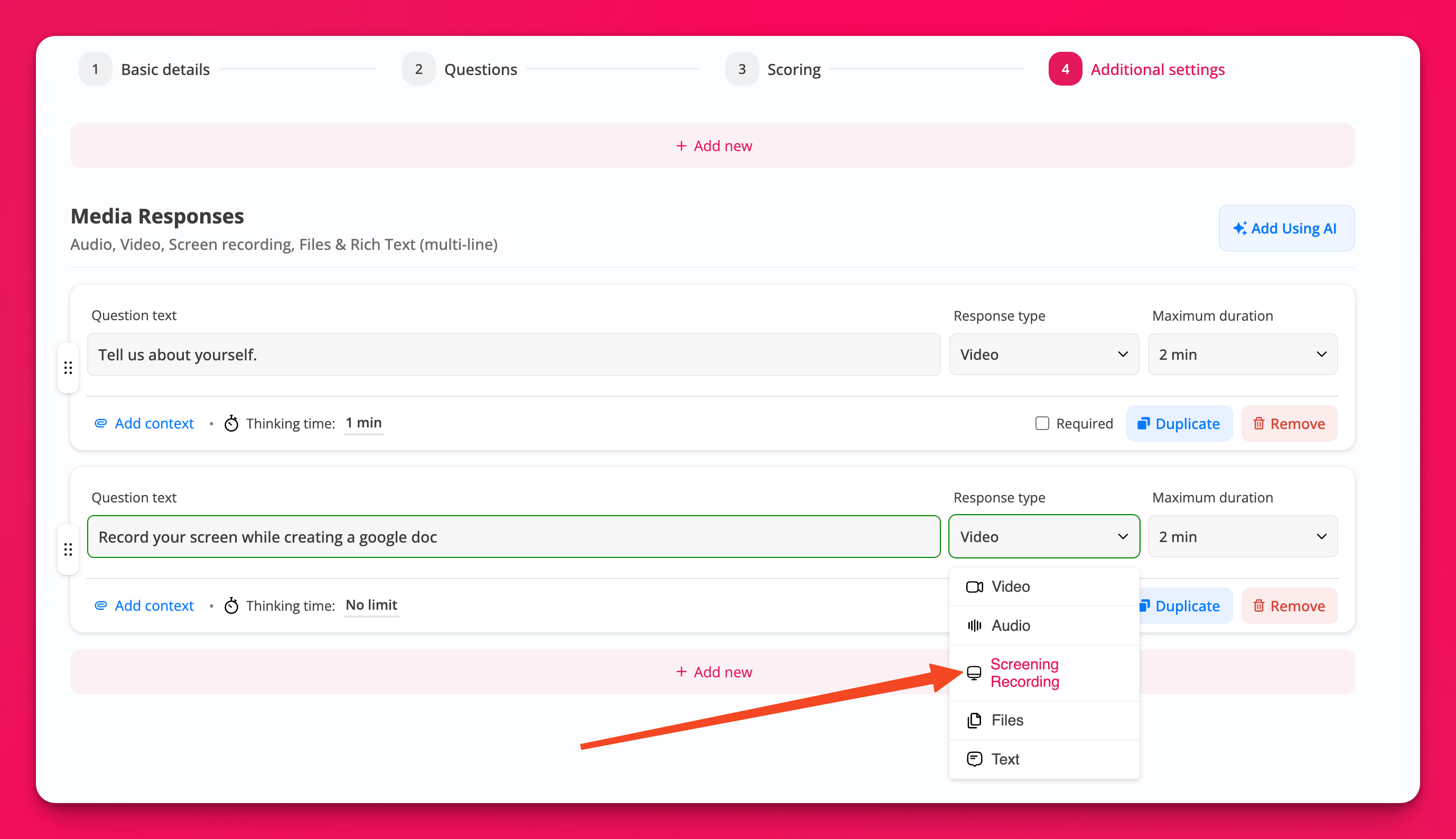 Screen recording question type in the question editor