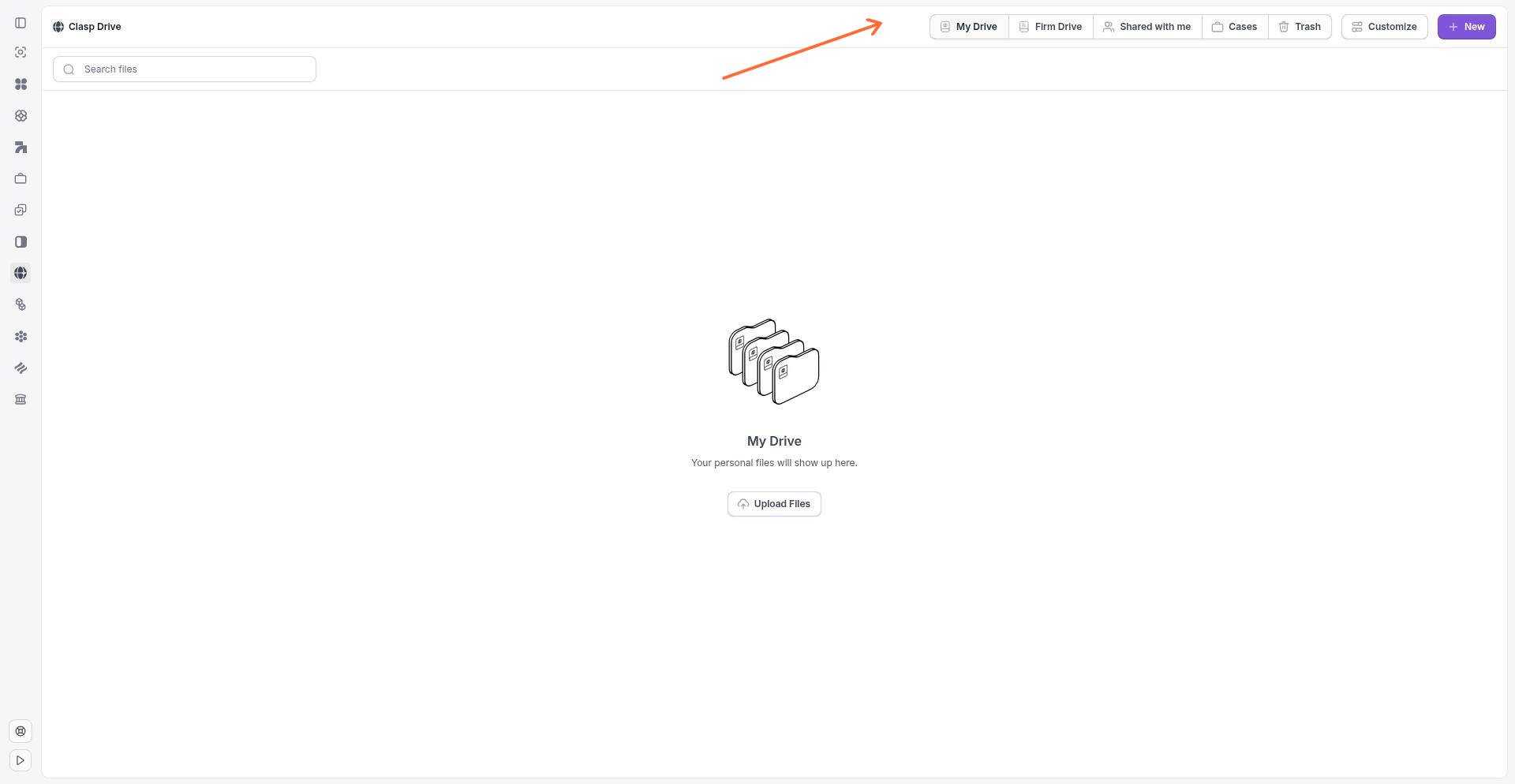 Clasp Drive sidebar showing drive types: My Drive, Firm Drive, Shared with me, Cases, and Trash