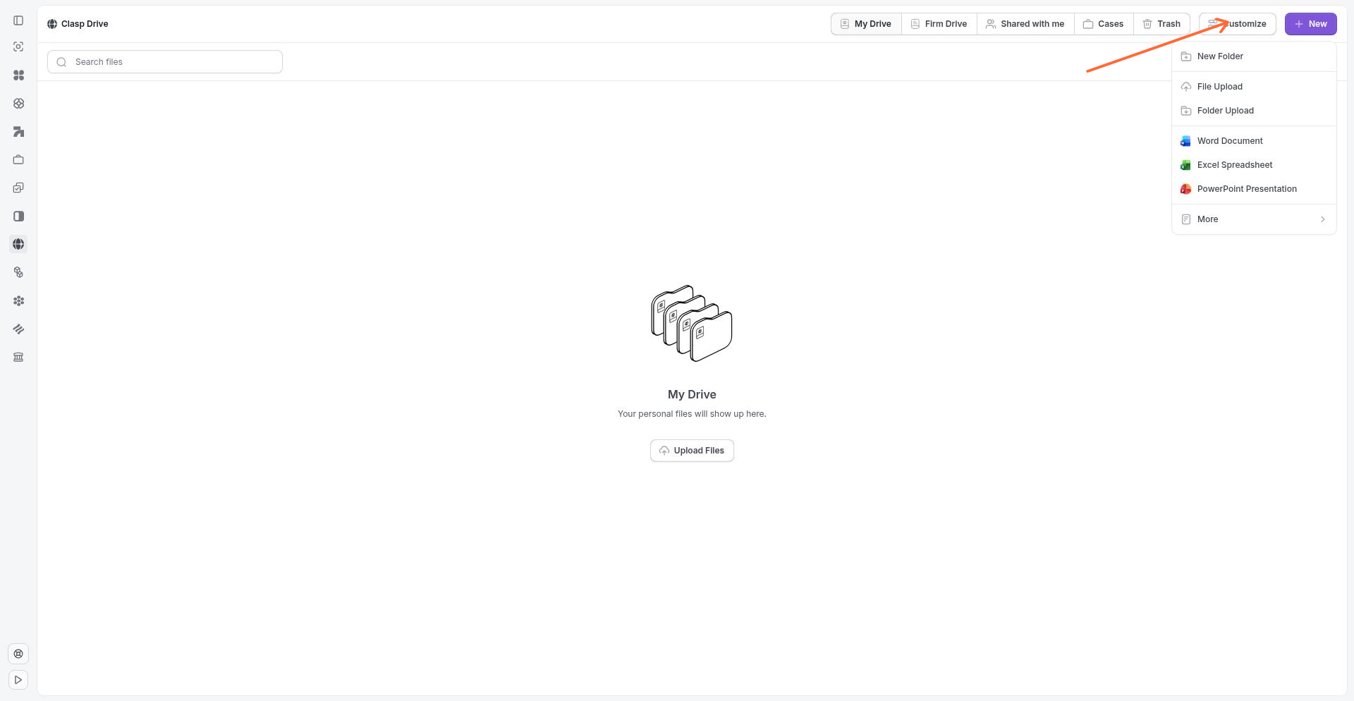 The New button dropdown menu showing options: New Folder, File Upload, Folder Upload, Word Document, Excel Spreadsheet, PowerPoint Presentation, and More