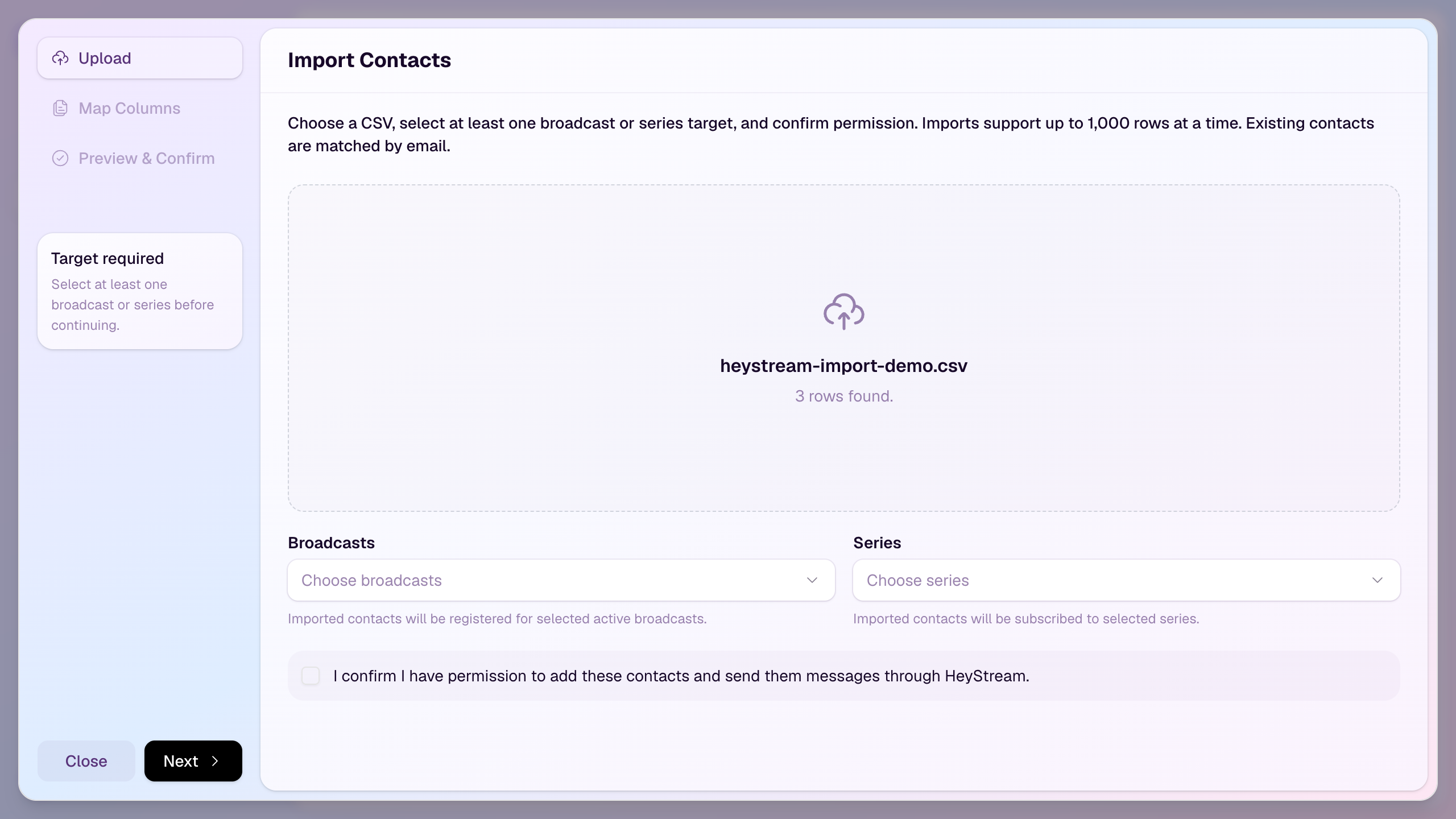 The Import Contacts dialog after a CSV has been selected.