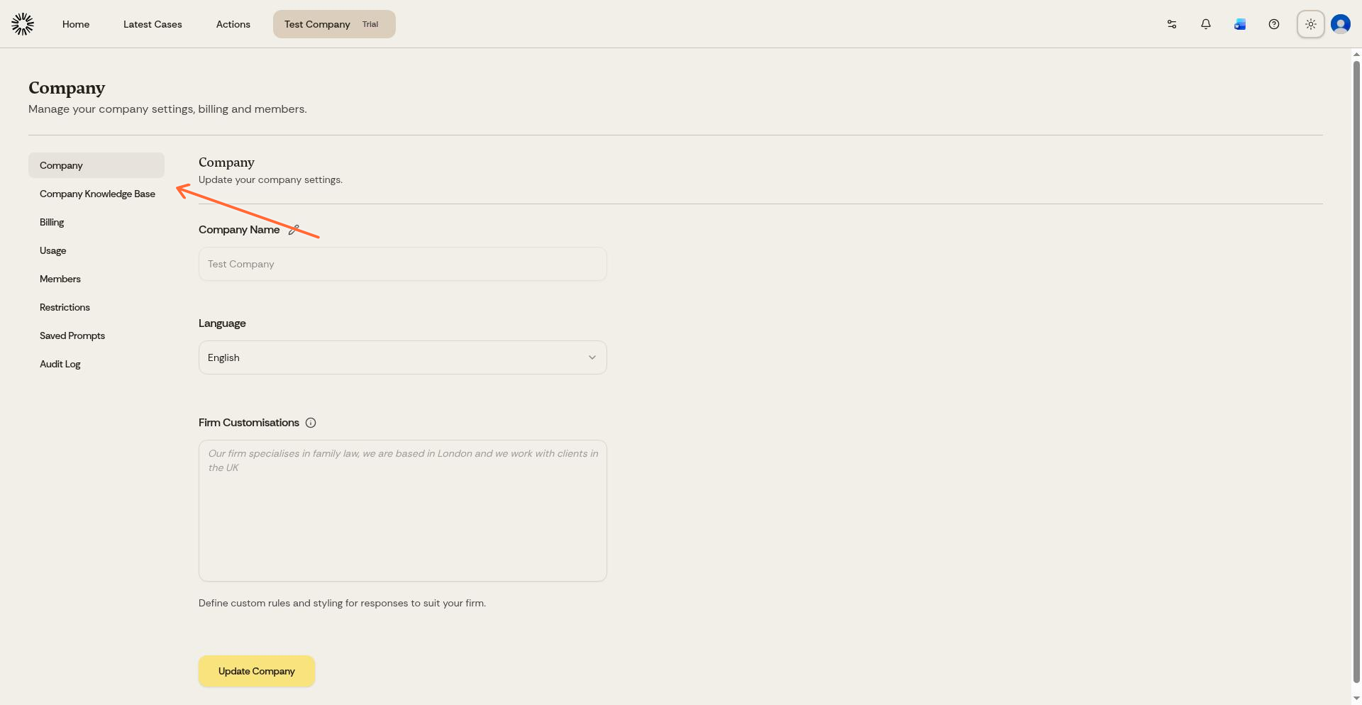 Select Company Knowledge Base from the sidebar
