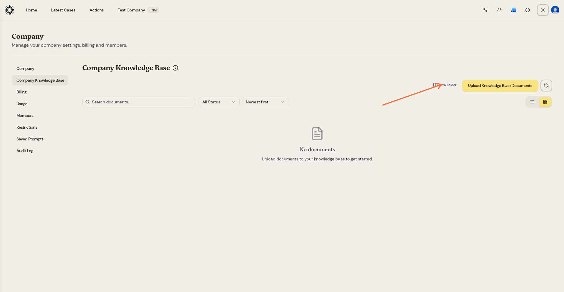 Upload Knowledge Base Documents button
