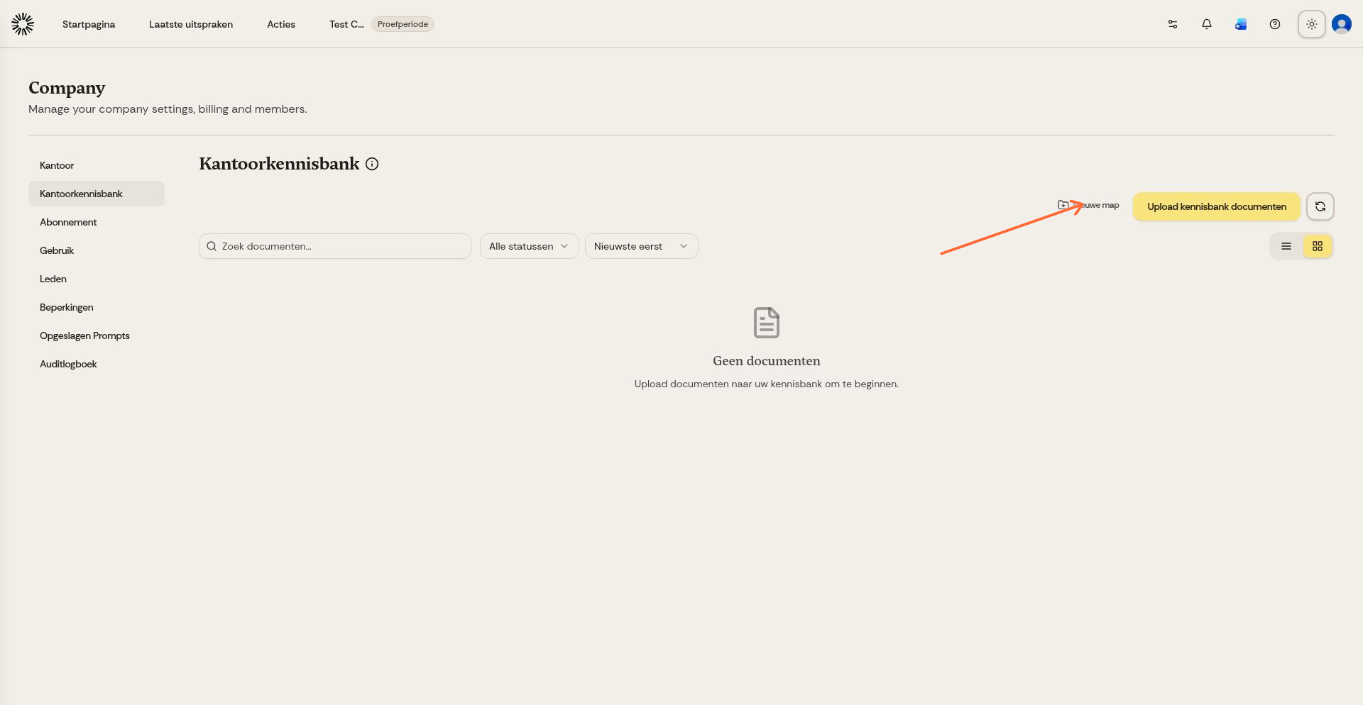 Upload kennisbank documenten knop