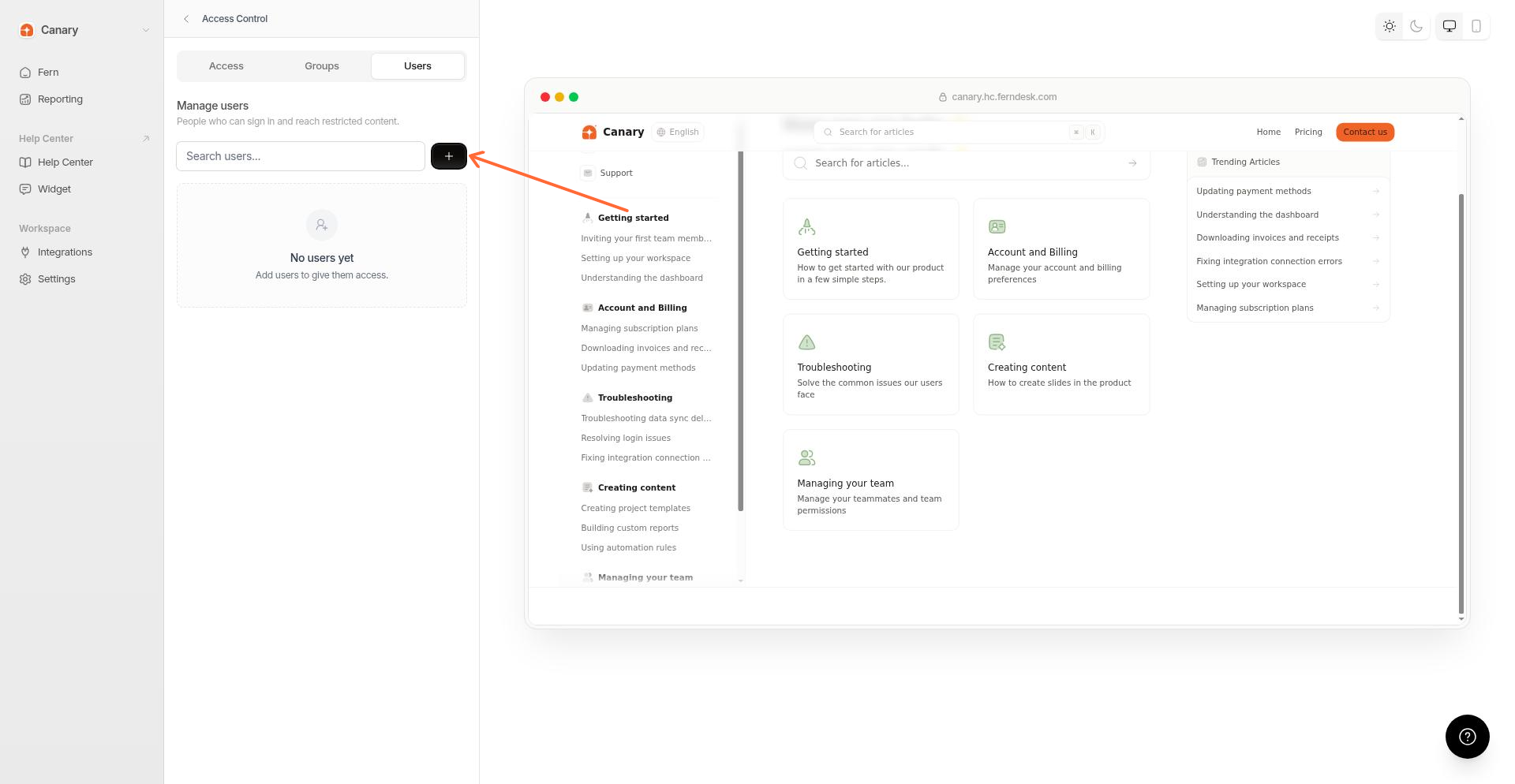 Onglet Users affichant la liste des utilisateurs connectés avec leurs adresses e-mail et leur statut d'accès