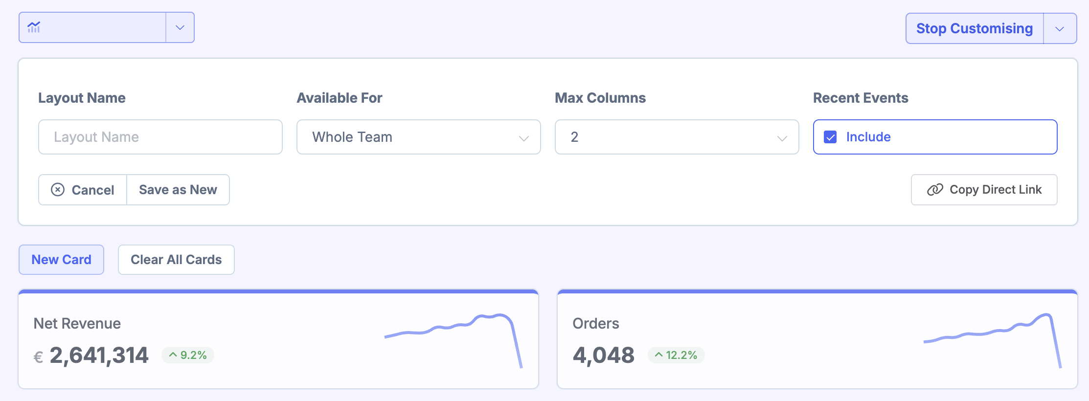 Layout editing options with name, sharing settings, and copy share URL