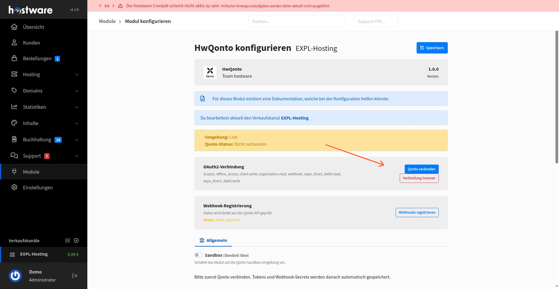 Qonto configuration page