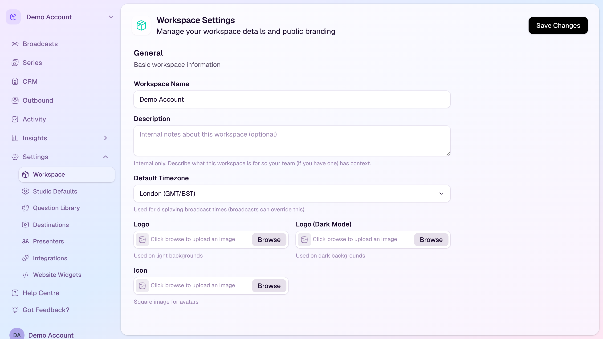 The HeyStream Workspace Settings page showing workspace name, timezone, logo, dark logo, and icon fields.