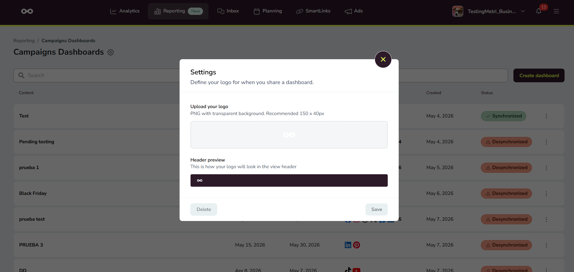 Janela modal de definições para carregar o logótipo personalizado do dashboard