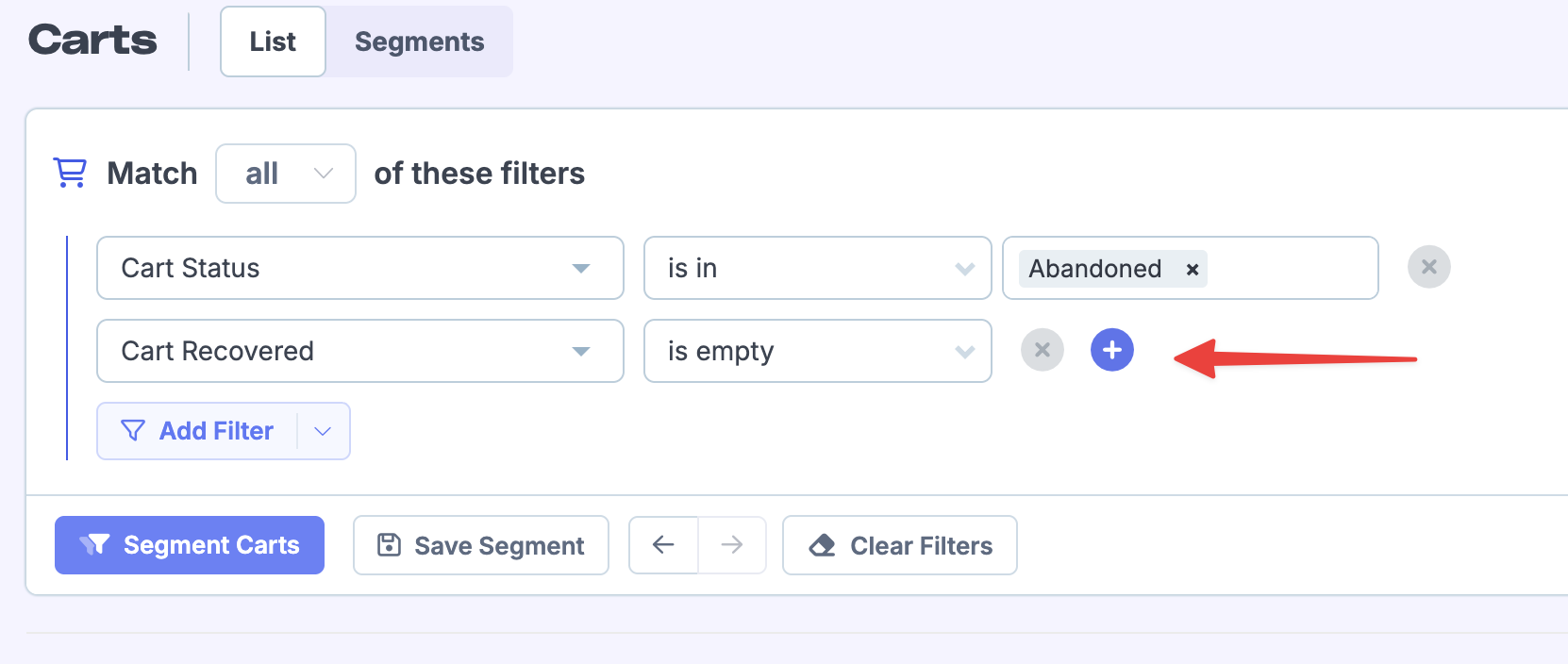 Screenshot showing Cart Status: Abandoned filter with Cart Recovered: is empty filter added