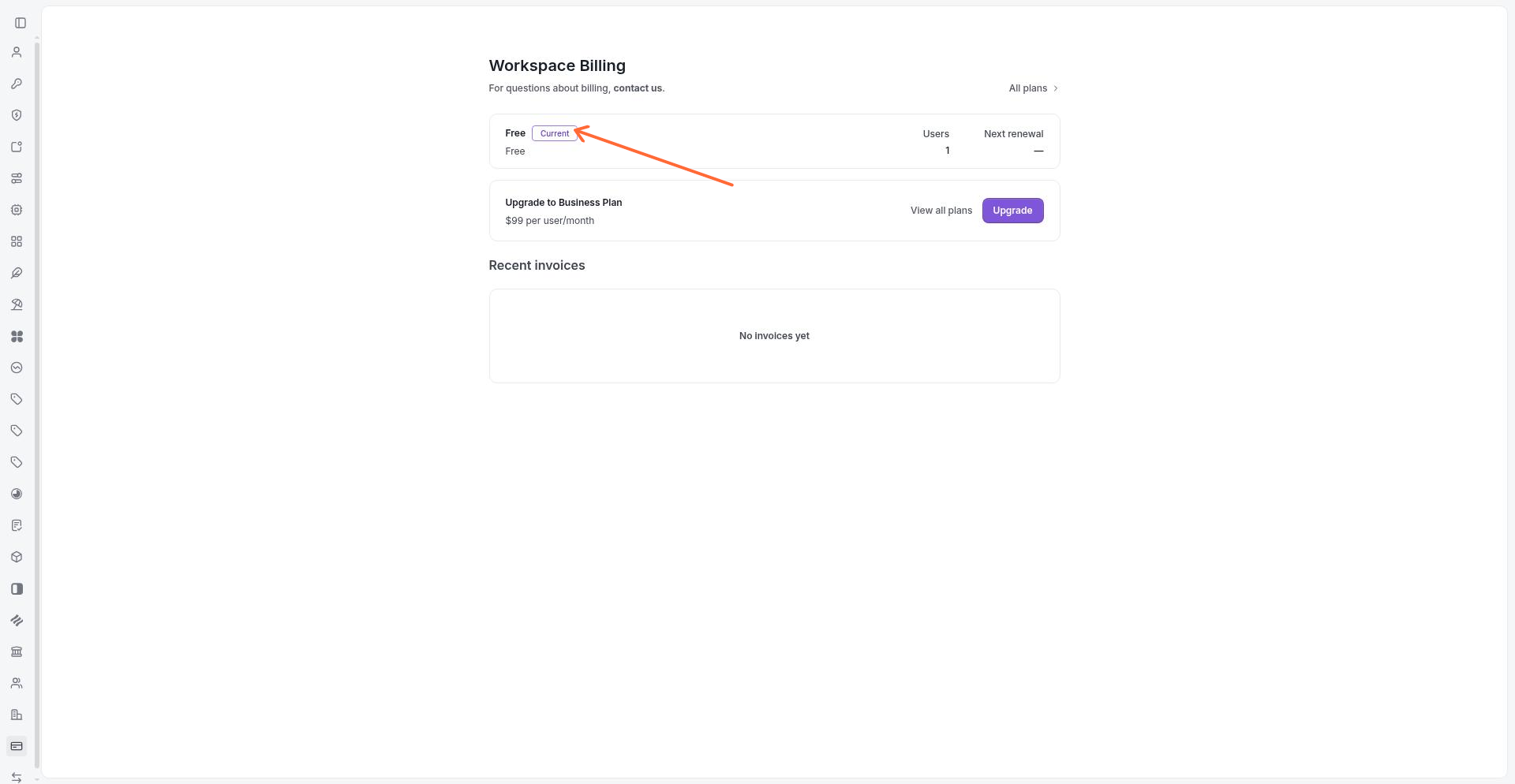Subscription management page showing current plan and recent invoices