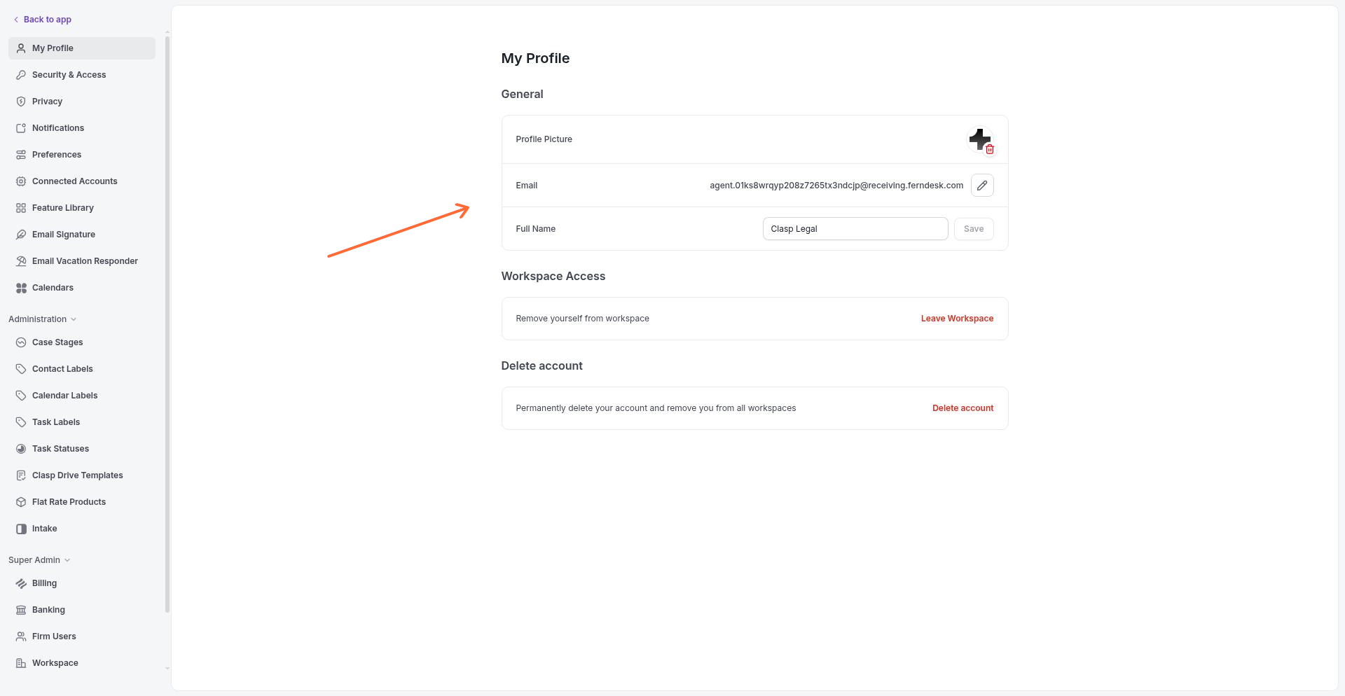 My Profile page showing General section with Full Name, Profile Picture, and Email fields