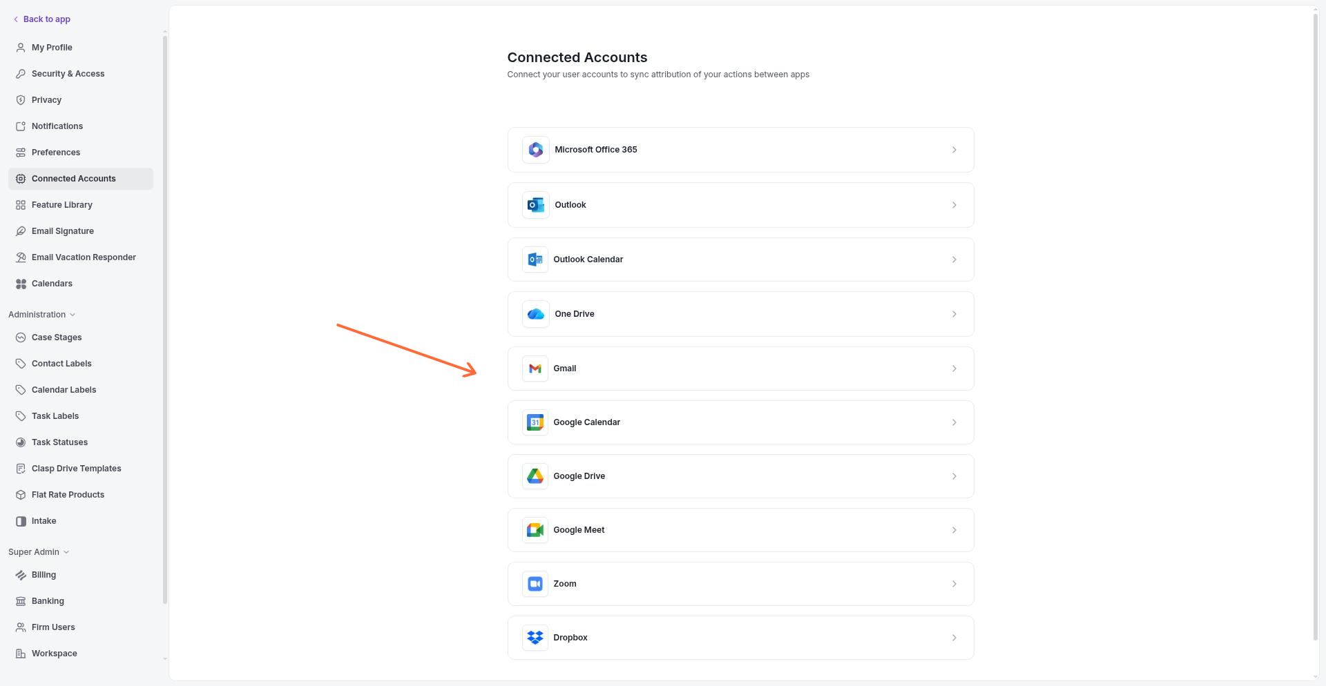 Connected Accounts page showing integration options including Microsoft Office 365, Outlook, Google Calendar, and more