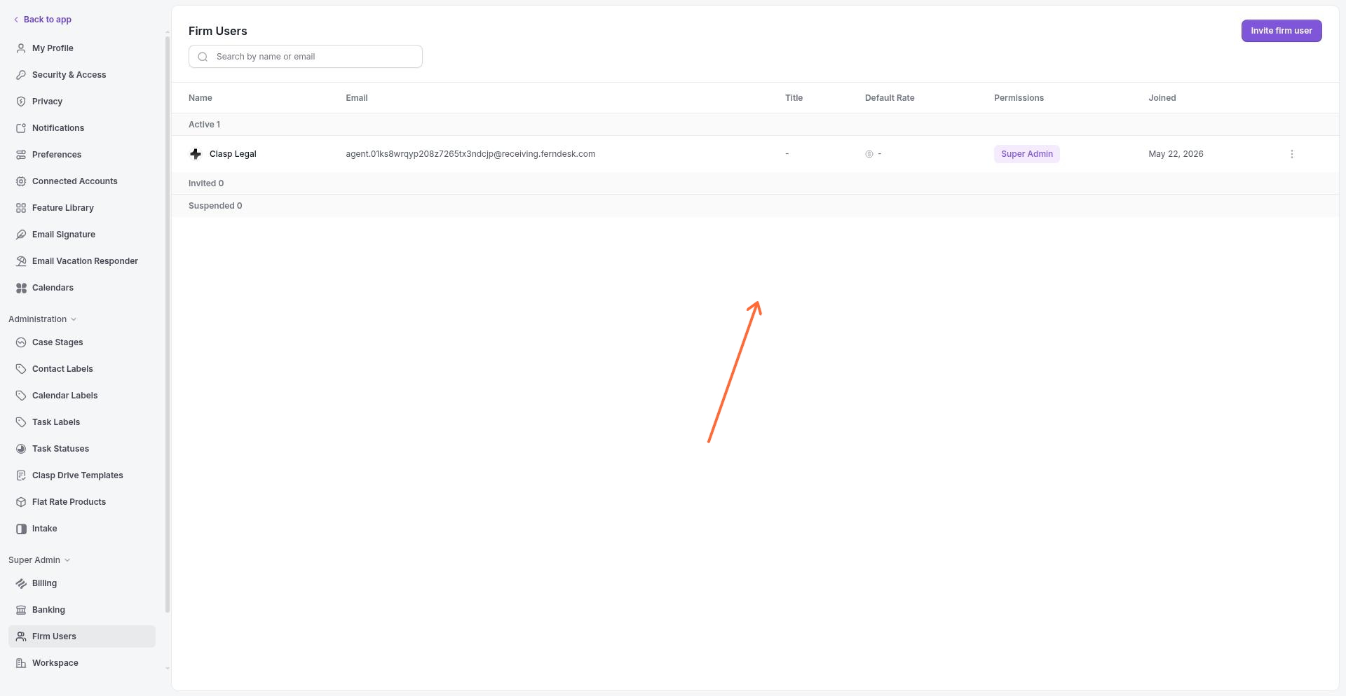Firm Users page showing the team members table with Name, Email, Title, Default Rate, Permissions, and Joined columns