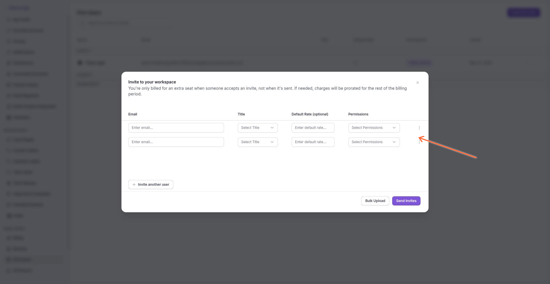 Invite to your workspace modal showing Email, Title, Default Rate, and Permissions fields