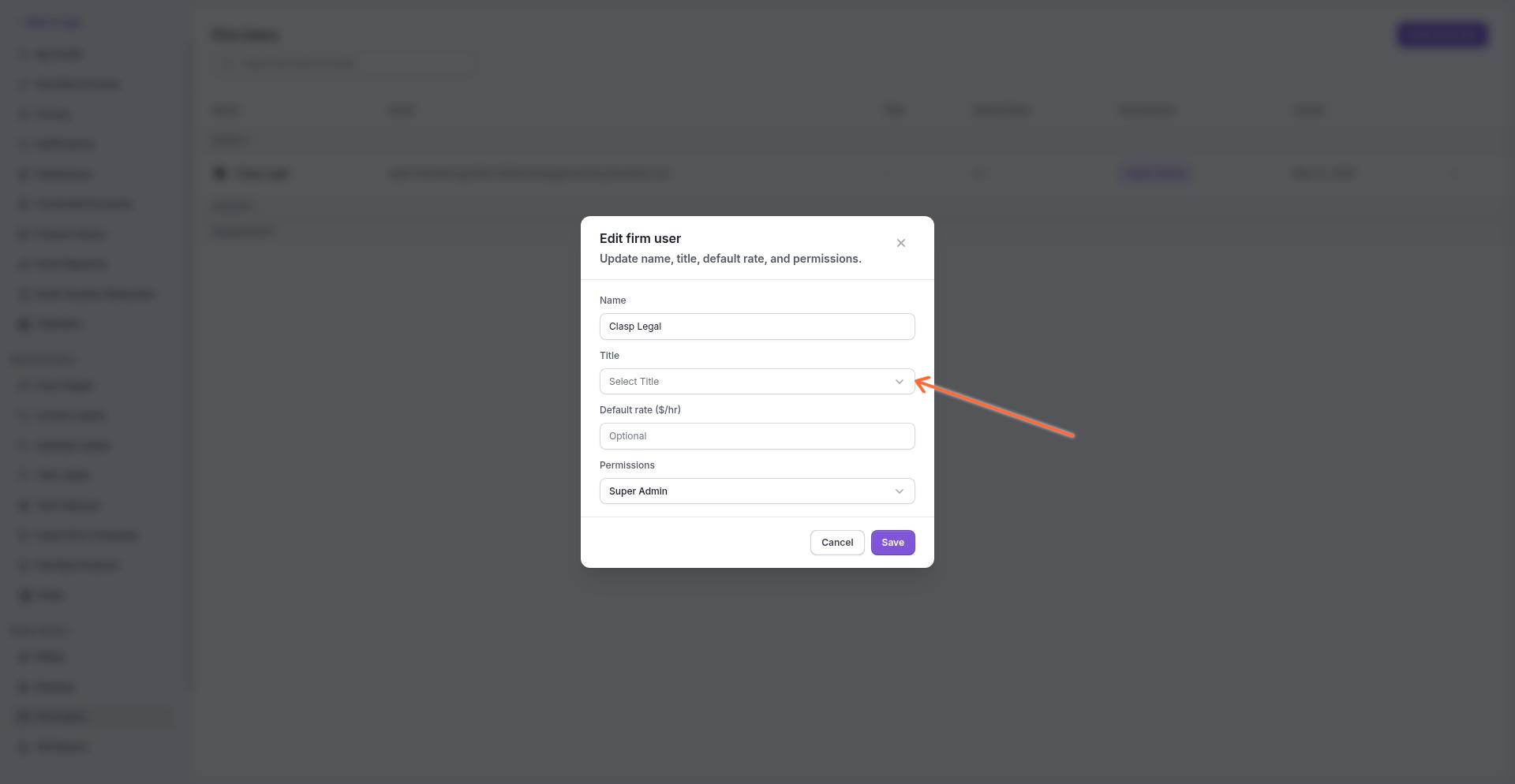 Edit firm user modal showing editable fields for name, title, default rate, and permissions