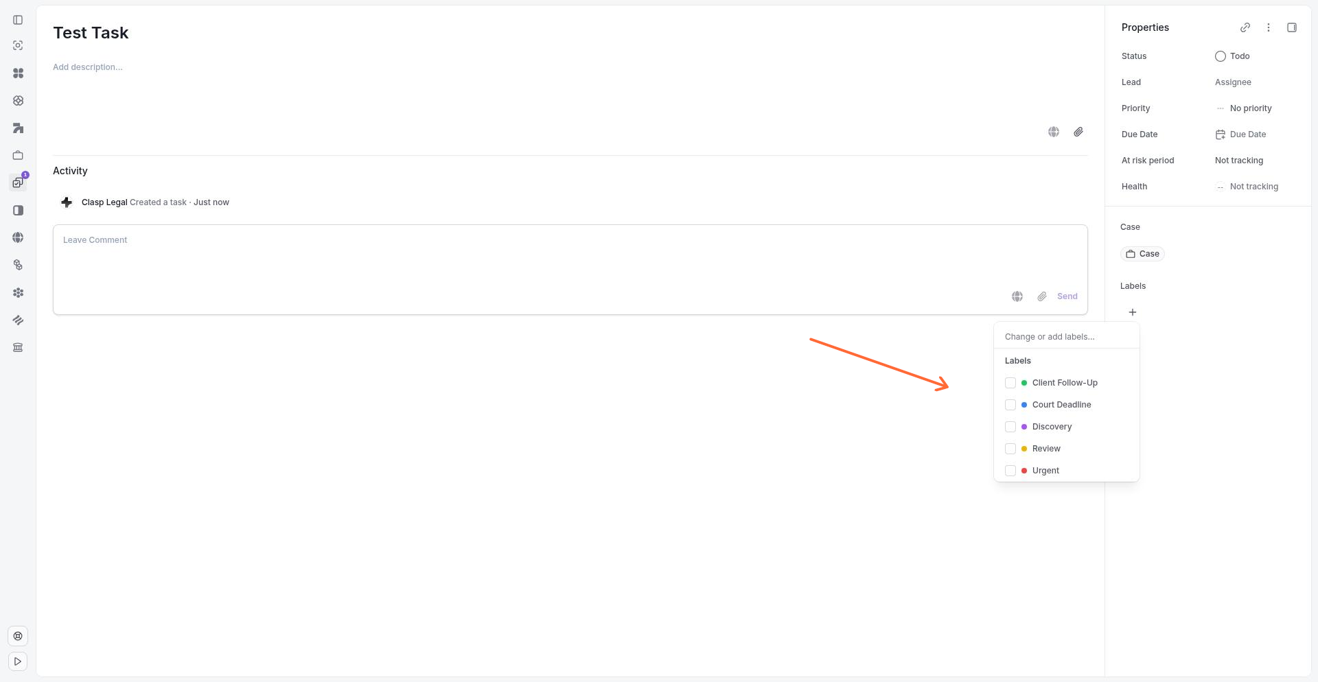 Label picker dropdown on a task detail panel showing available labels