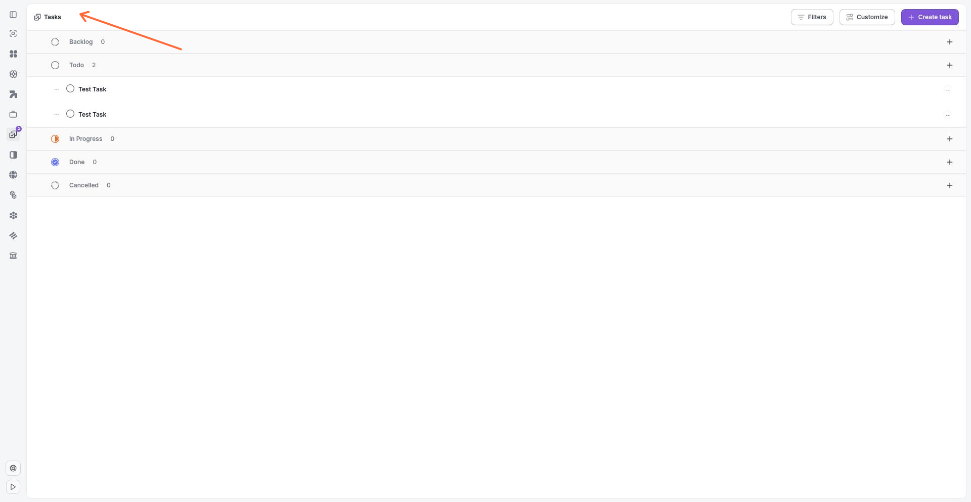 Tasks board view showing kanban columns for Backlog, Todo, In Progress, Done, and Cancelled, with Filters, Customize, and Create task buttons