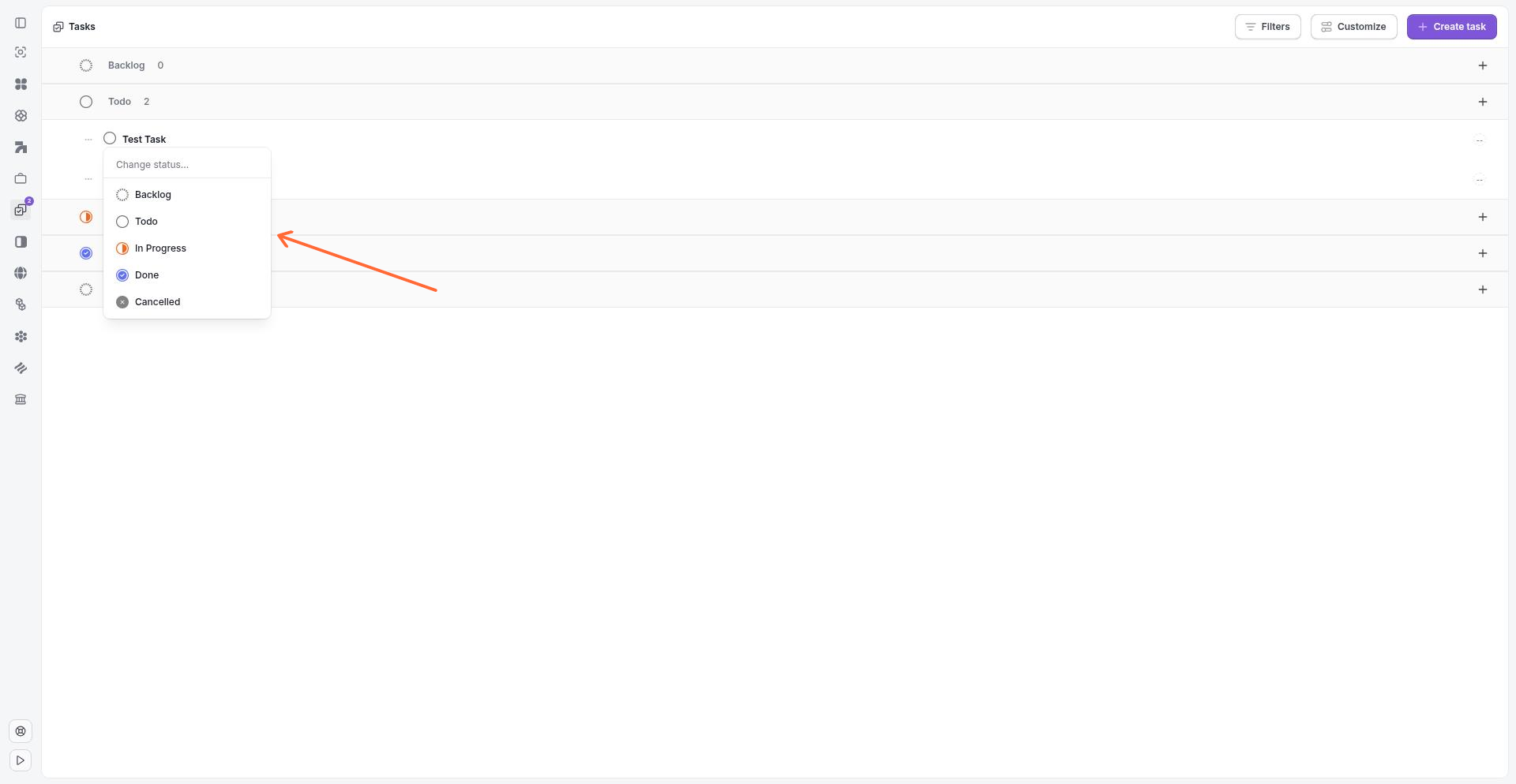 Task detail sidebar showing status options: Backlog, Todo, In Progress, Done, Cancelled