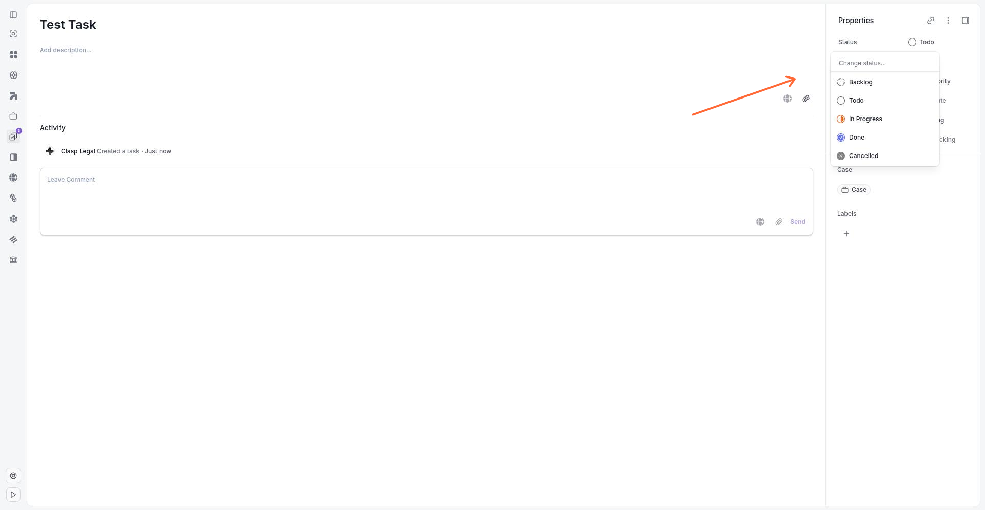 Task status dropdown showing status options grouped by category