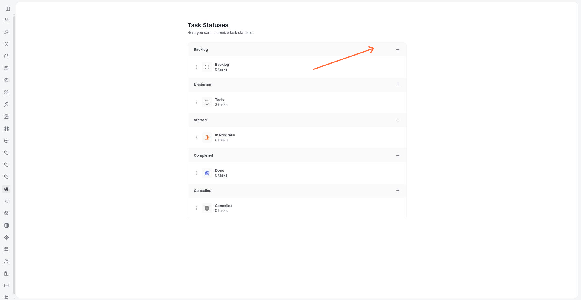 Task Statuses settings panel showing categories and Add status buttons