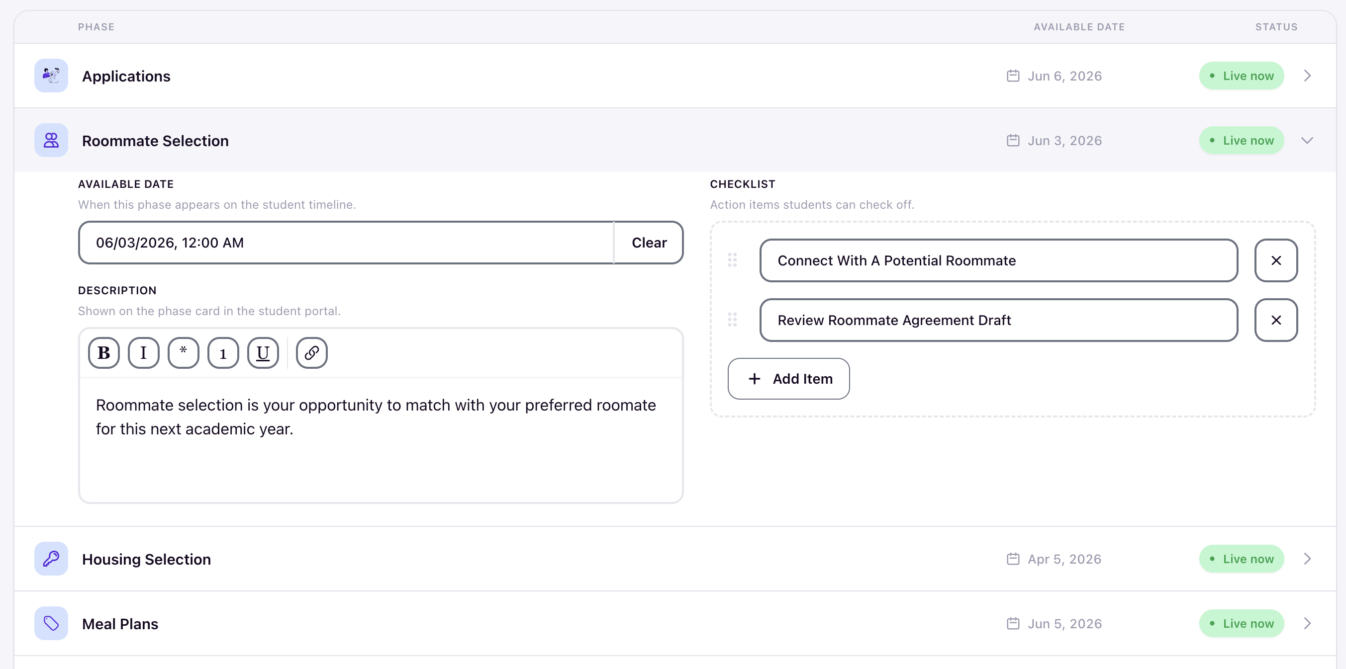 An expanded Roommate Selection phase showing the Available Date field, Description rich text editor, and Checklist section with two items