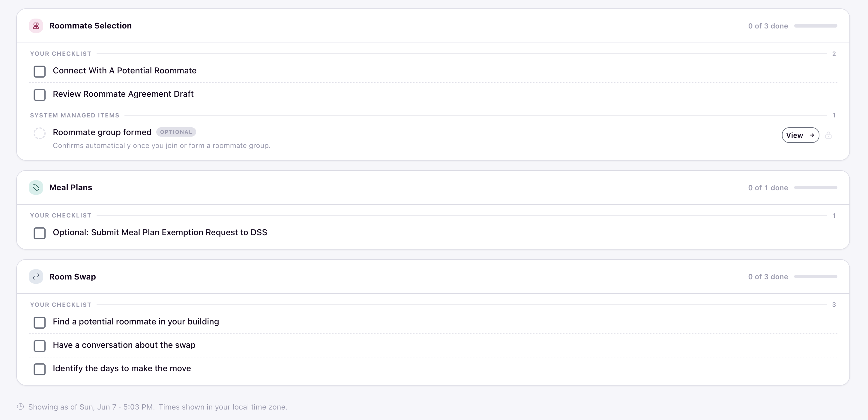 Checklist items with checkboxes and a System Managed Item showing an Optional badge with a View button and lock icon