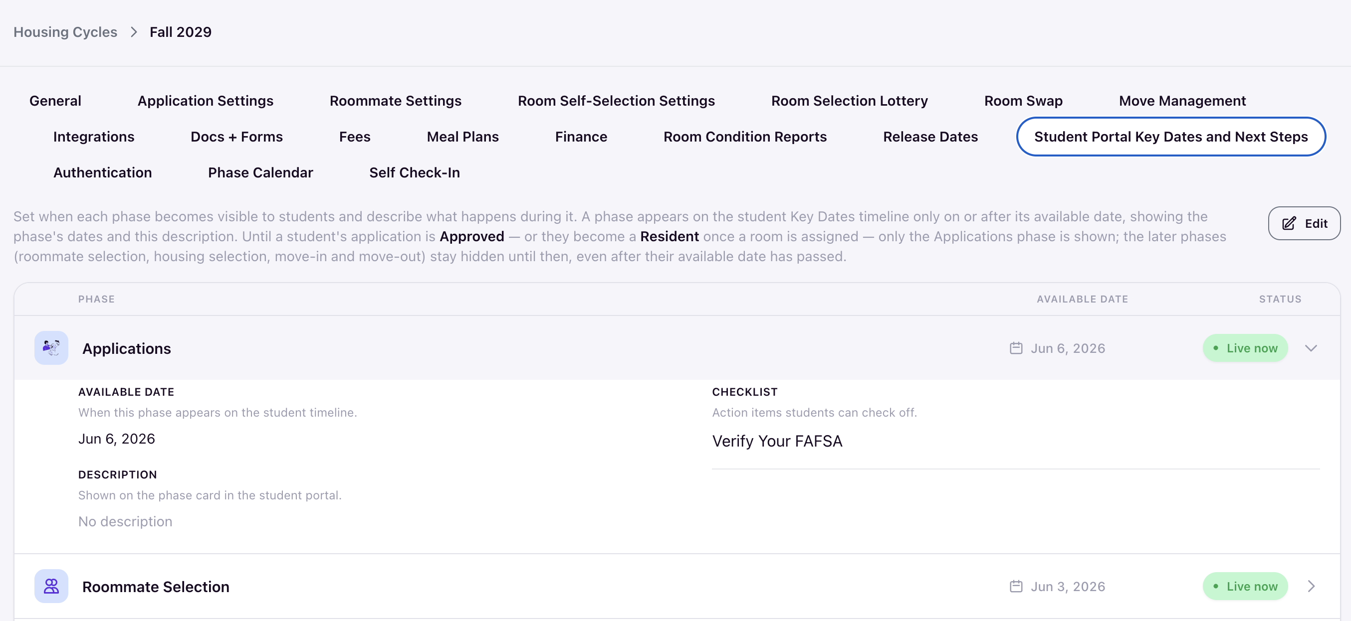The Student Portal Key Dates and Next Steps tab showing the phase list with Available Date, Status columns, and the Applications phase expanded