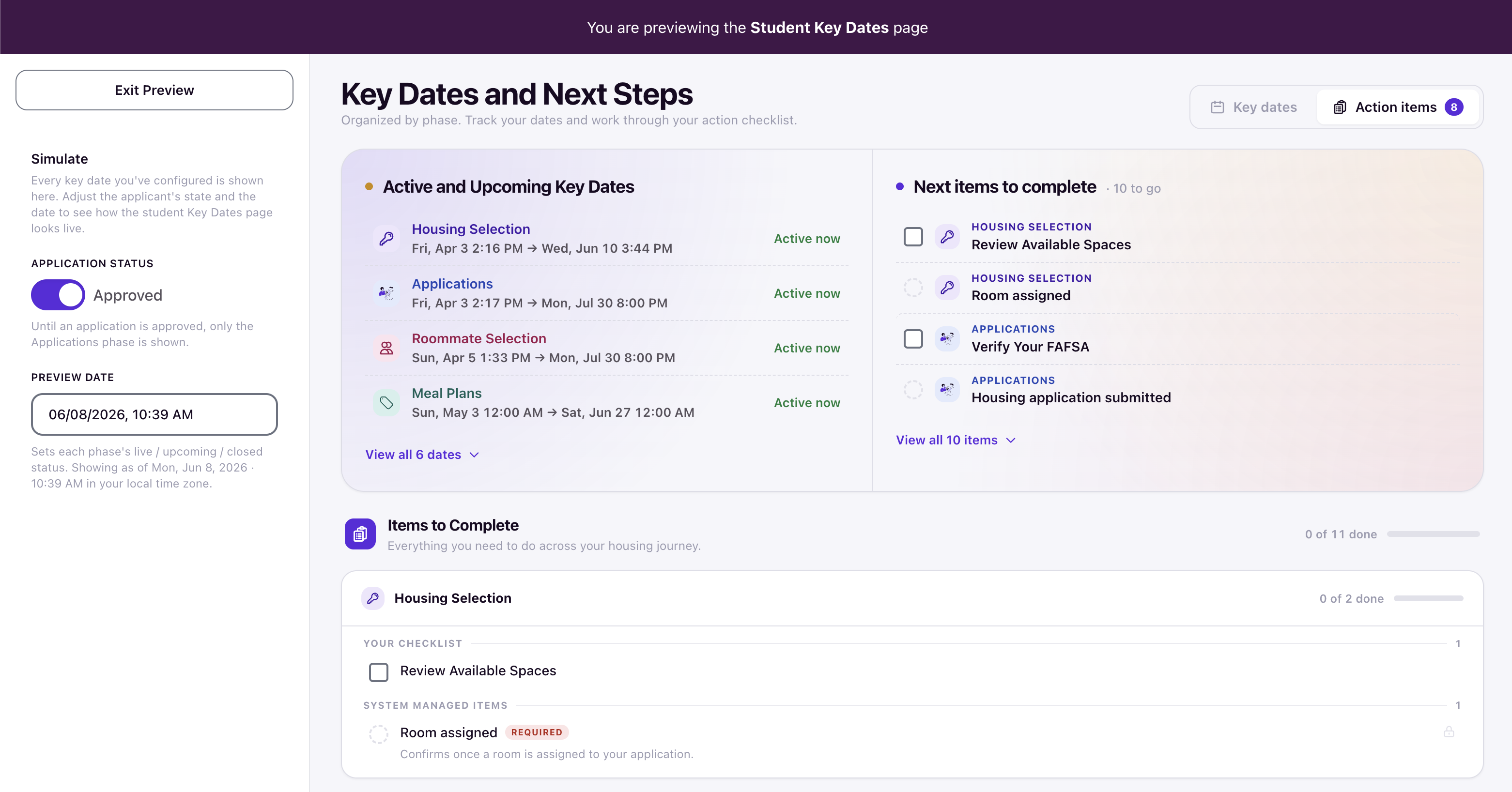 The preview page showing student Key Dates and Next Steps with simulation controls for application status and preview date