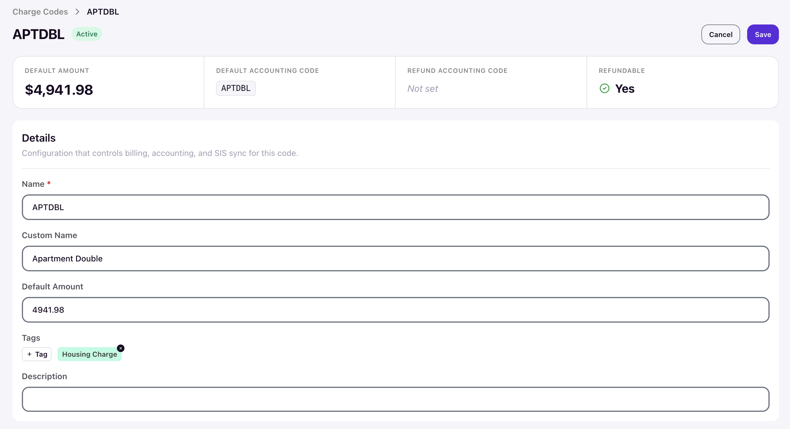 Edit Charge Code form showing Name, Custom Name, Default Amount, Tags, and Description fields