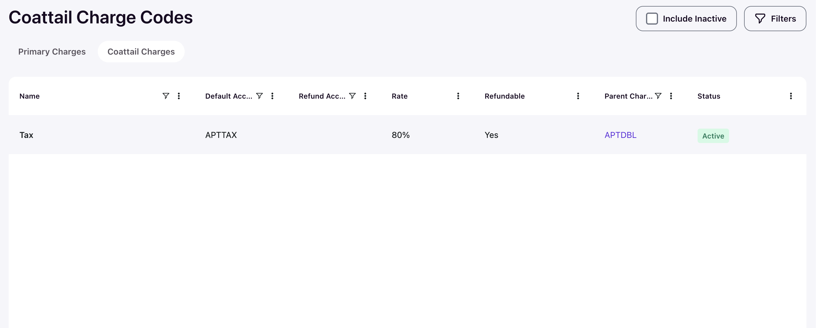 Coattail Charge Codes tab showing a table with columns including Name, Default Accounting Code, Rate, Refundable, Parent Charge, and Status