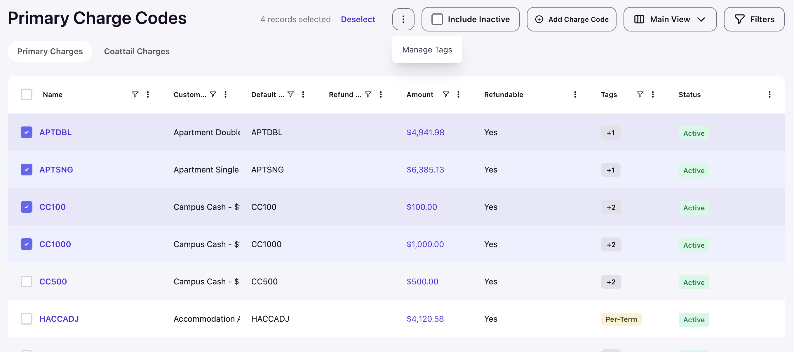 Primary Charge Codes list with multiple rows selected and the Manage Tags option visible in the overflow menu
