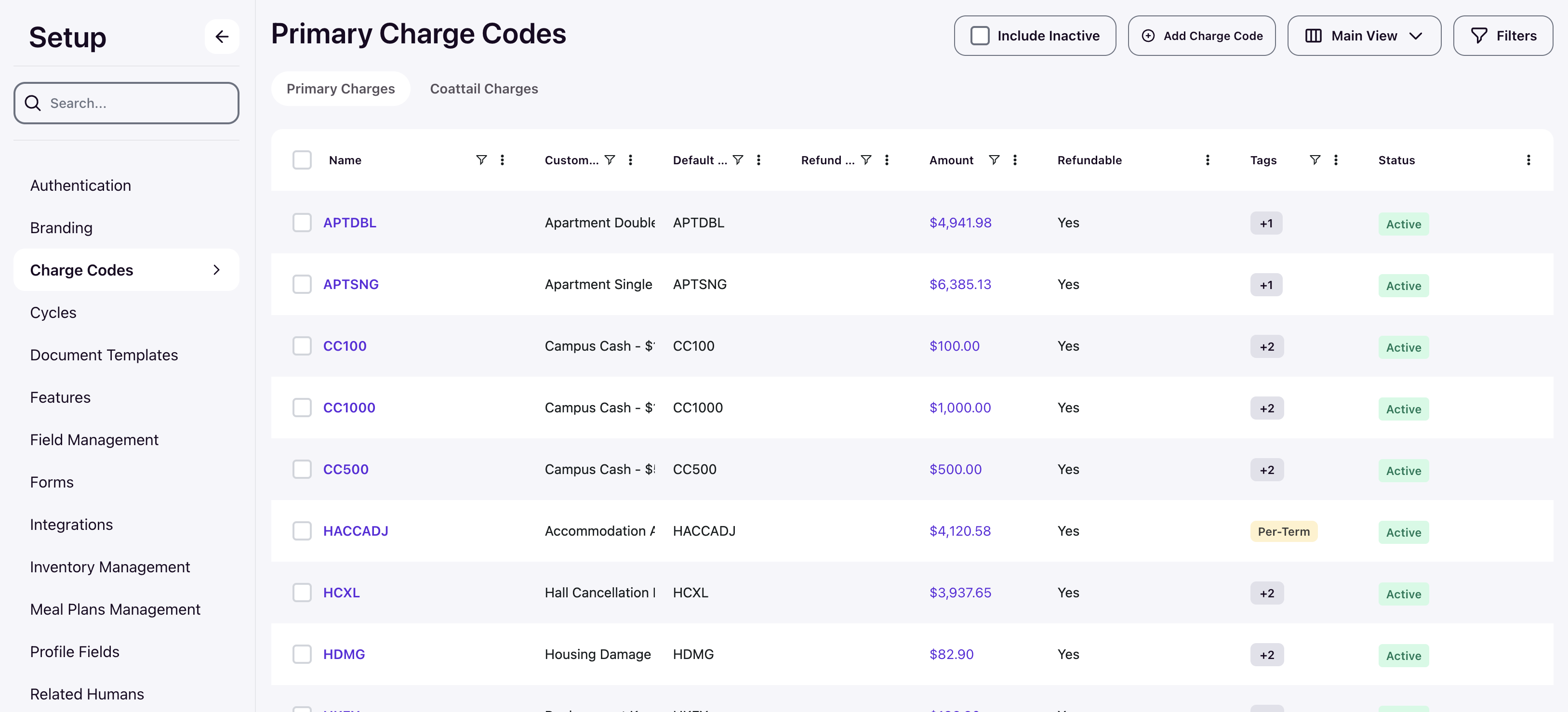 Primary Charge Codes list showing the Primary Charges and Coattail Charges tabs, Include Inactive toggle, and Add Charge Code button