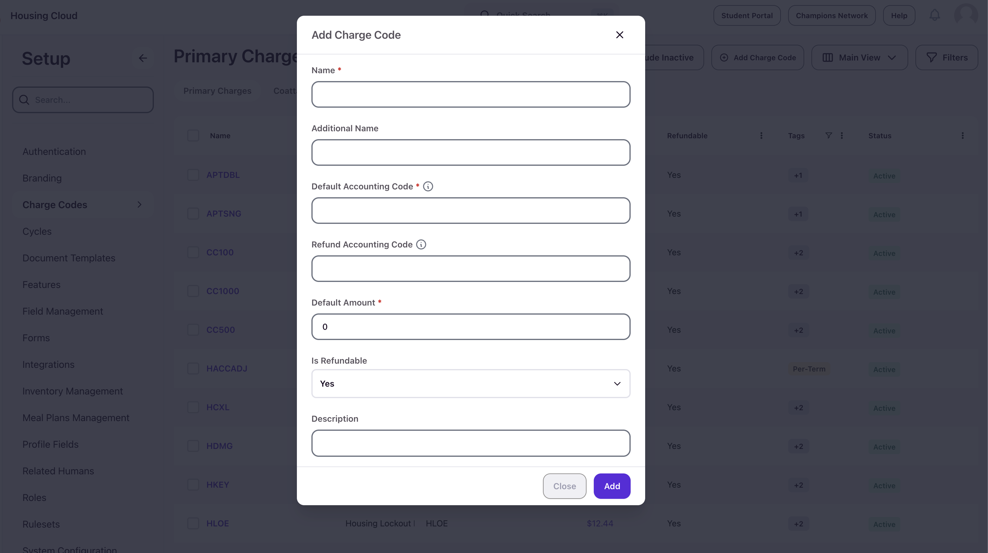 Add Charge Code modal showing Name, Additional Name, Default Accounting Code, Refund Accounting Code, Default Amount, Is Refundable, and Description fields