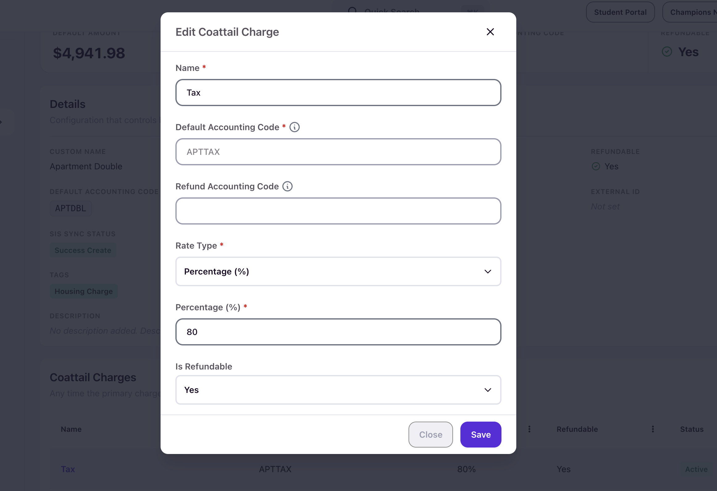 Edit Coattail Charge modal showing Name, Default Accounting Code, Refund Accounting Code, Rate Type, Percentage, and Is Refundable fields