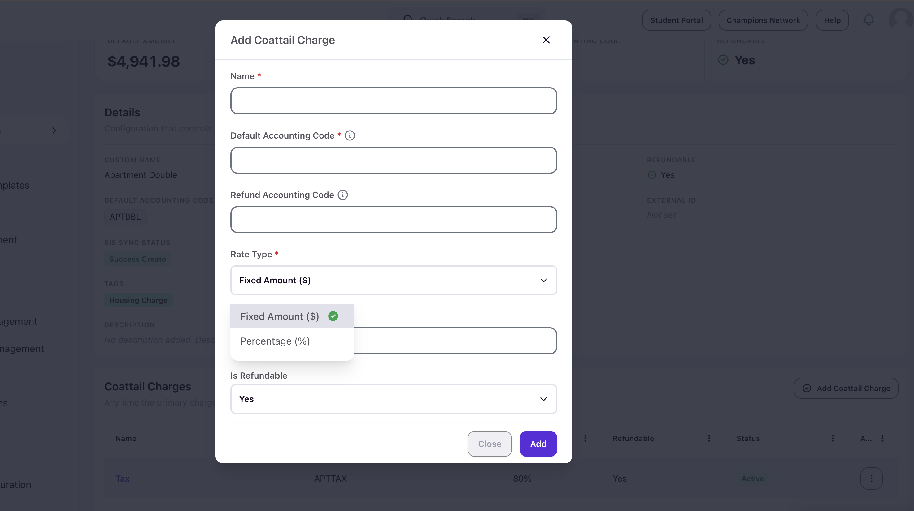Add Coattail Charge modal with Rate Type dropdown expanded showing Fixed Amount and Percentage options
