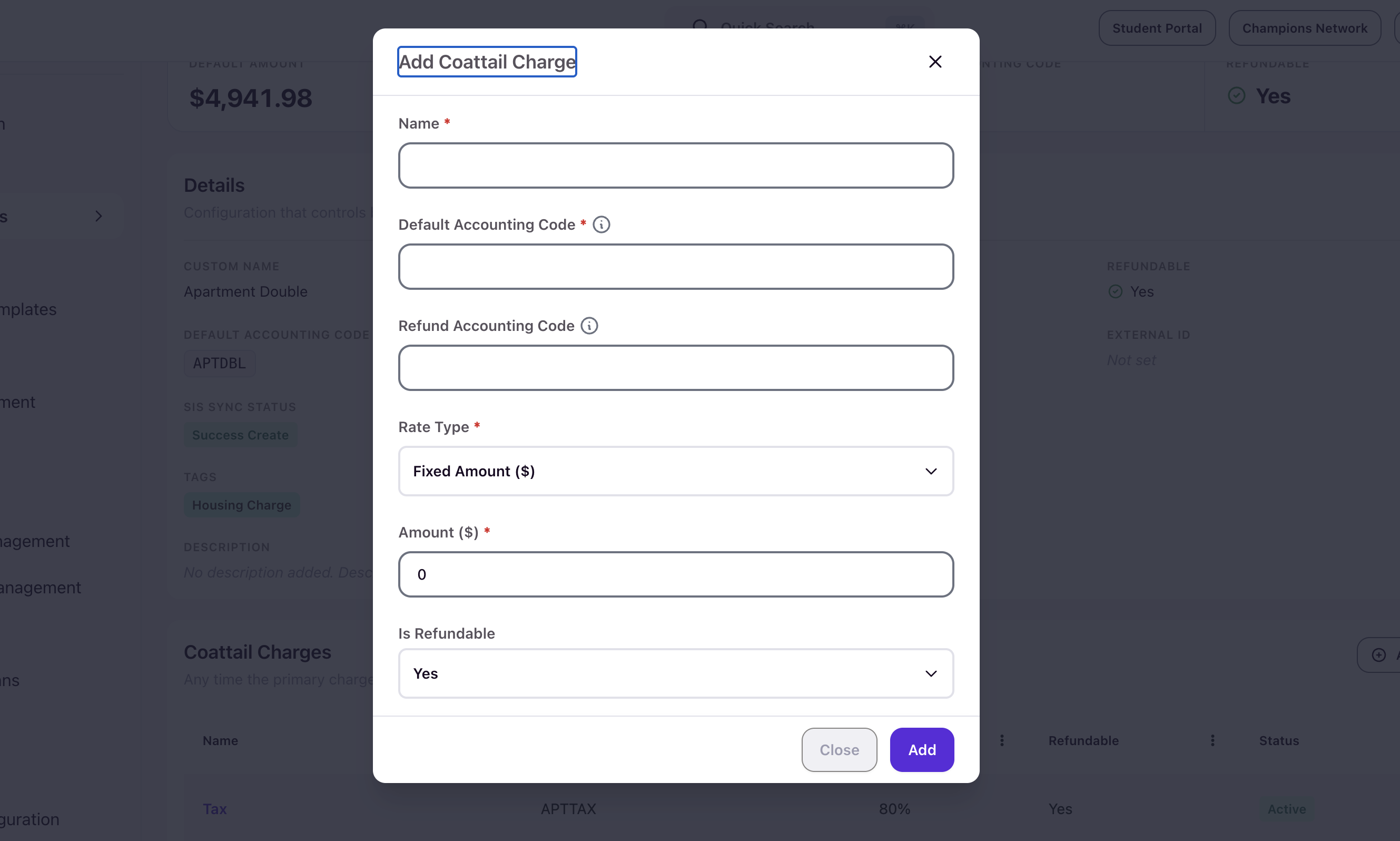 Add Coattail Charge modal showing Name, Default Accounting Code, Refund Accounting Code, Rate Type, Amount, and Is Refundable fields