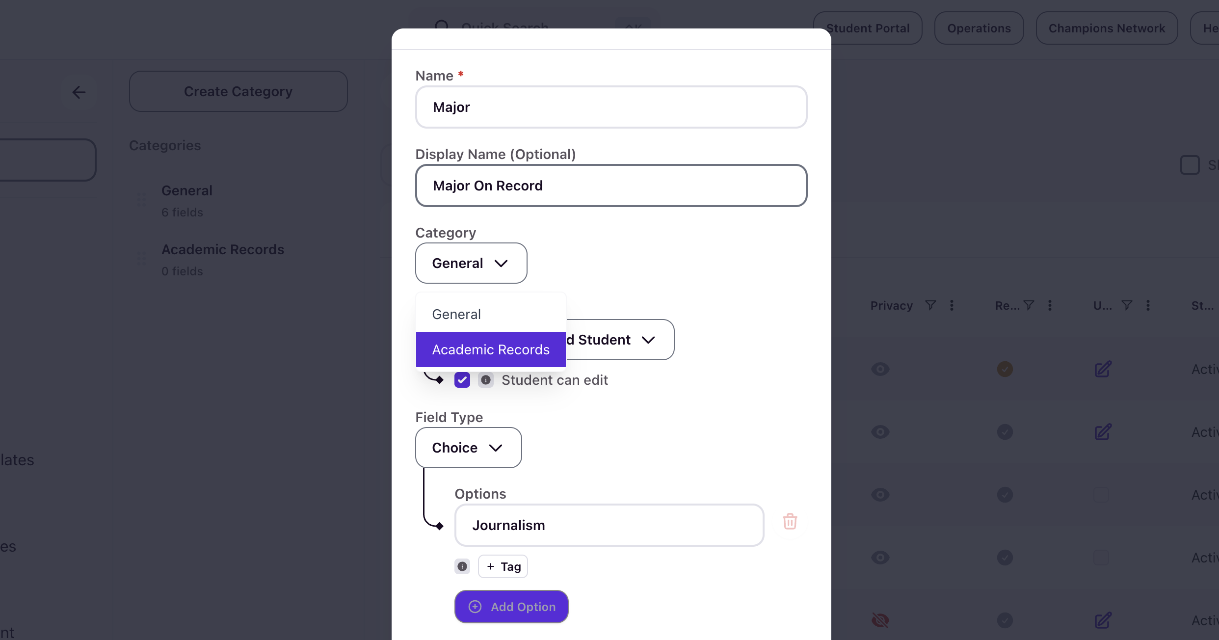 Profile Field modal with the Category dropdown open showing General and Academic Records options
