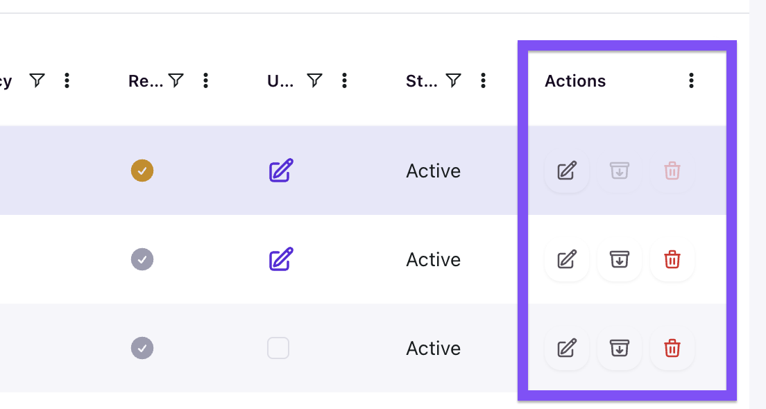 Close-up of the Actions column in the Profile Fields table showing edit, archive, and delete icons for each row