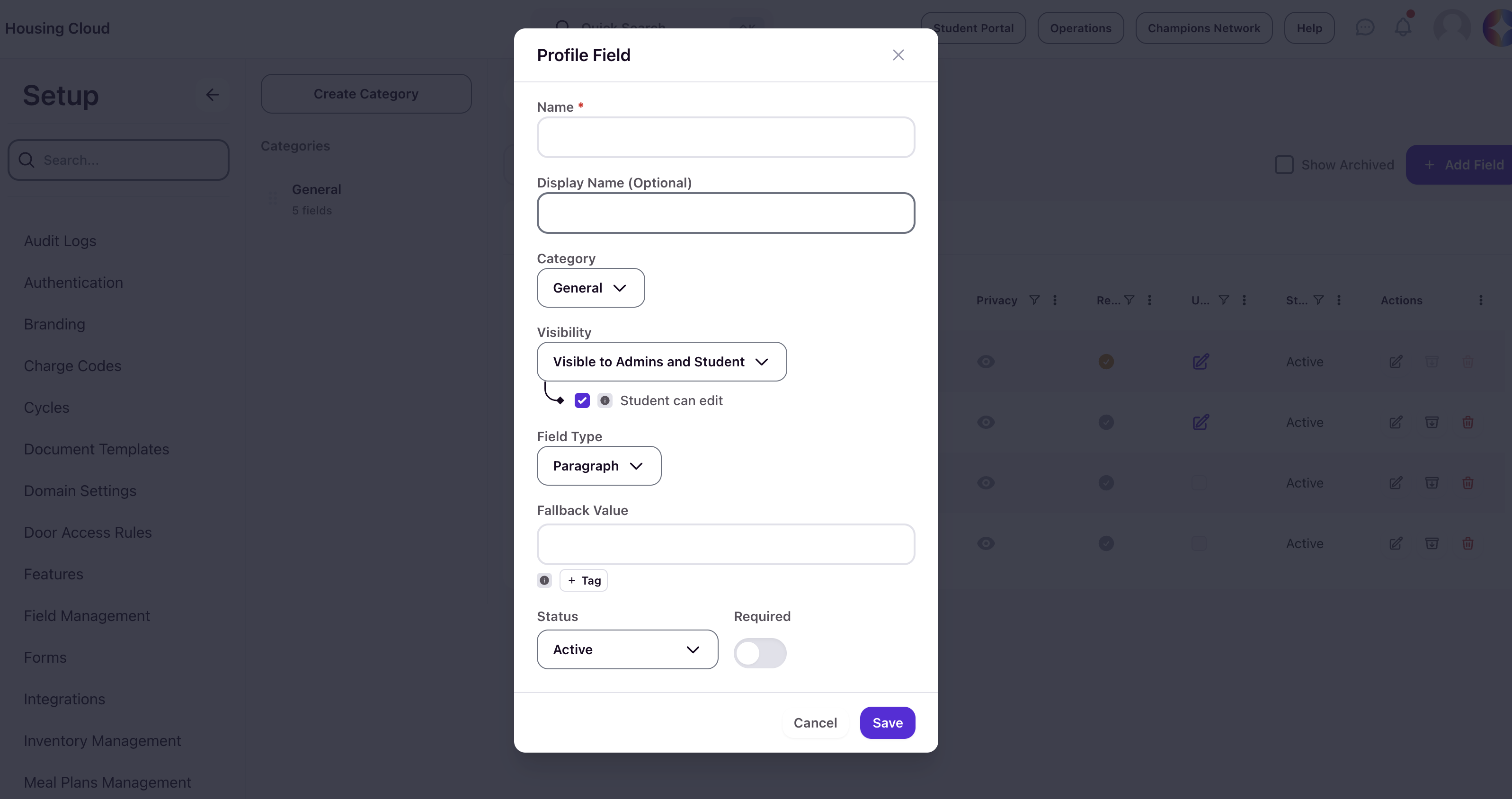 Profile Field creation modal showing Name, Display Name, Category, Visibility, Student can edit, Field Type, Fallback Value, Tag button, Status, and Required toggle