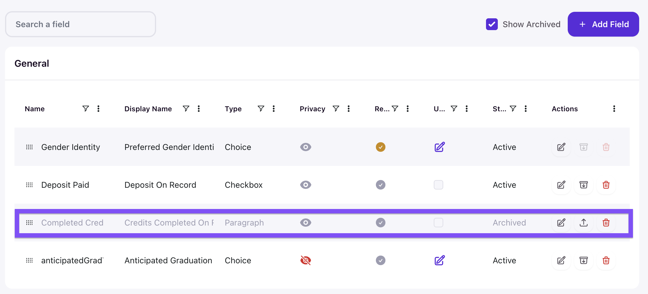 Profile Fields table with Show Archived enabled, displaying an archived field highlighted in the list alongside active fields